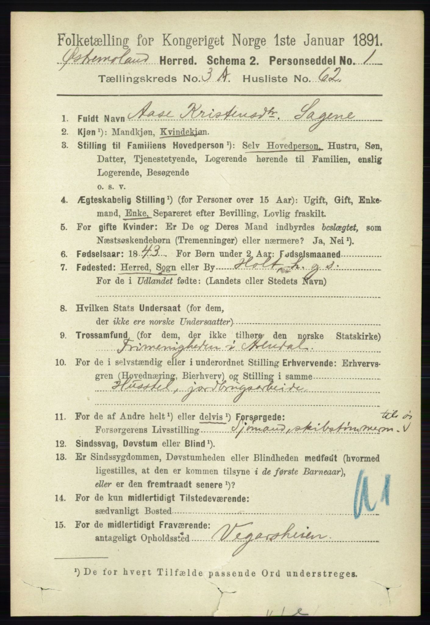 RA, 1891 census for 0918 Austre Moland, 1891, p. 1706