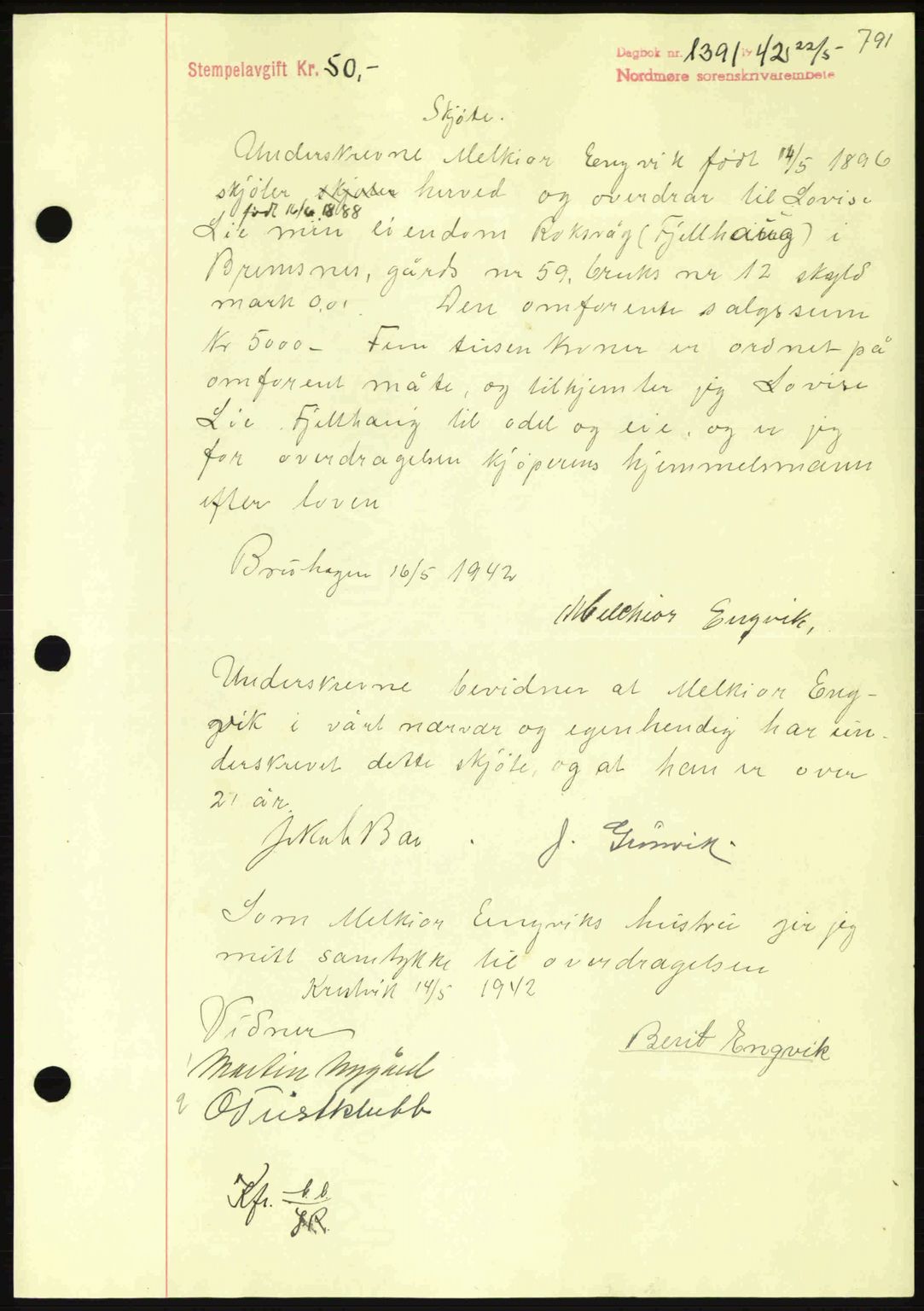 Nordmøre sorenskriveri, AV/SAT-A-4132/1/2/2Ca: Mortgage book no. A92, 1942-1942, Diary no: : 1391/1942