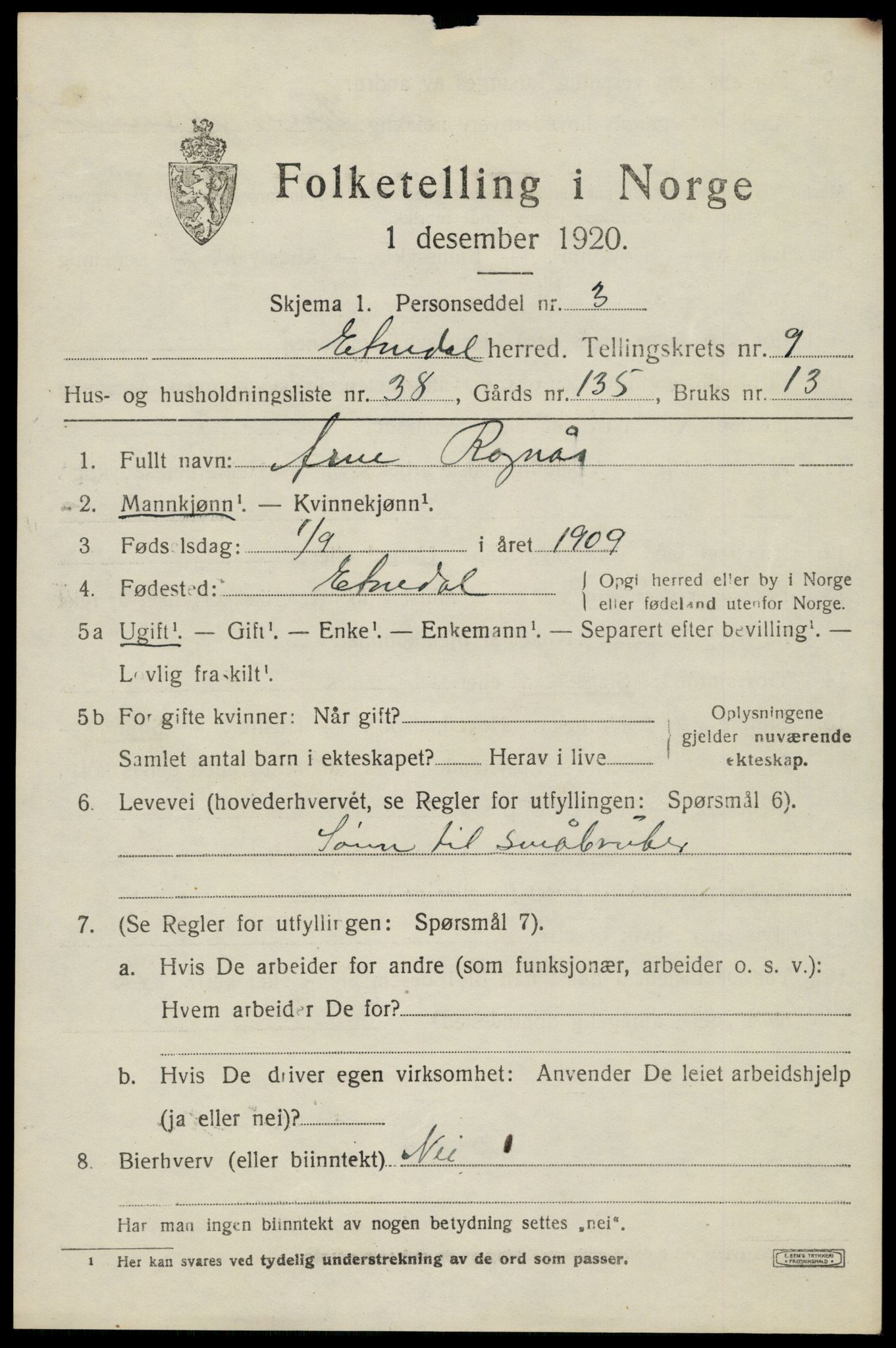 SAH, 1920 census for Etnedal, 1920, p. 4402