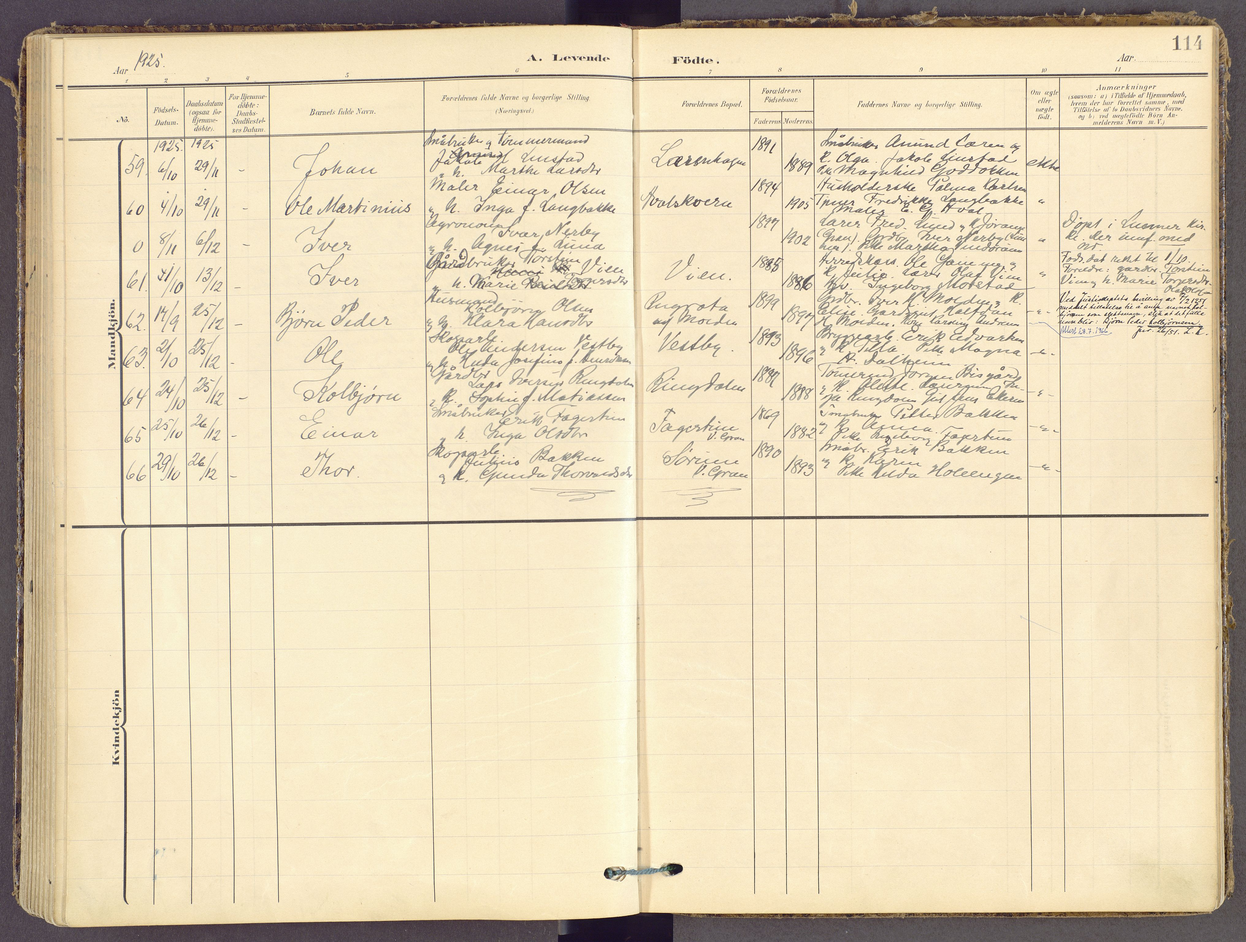 Gran prestekontor, SAH/PREST-112/H/Ha/Haa/L0021: Parish register (official) no. 21, 1908-1932, p. 114