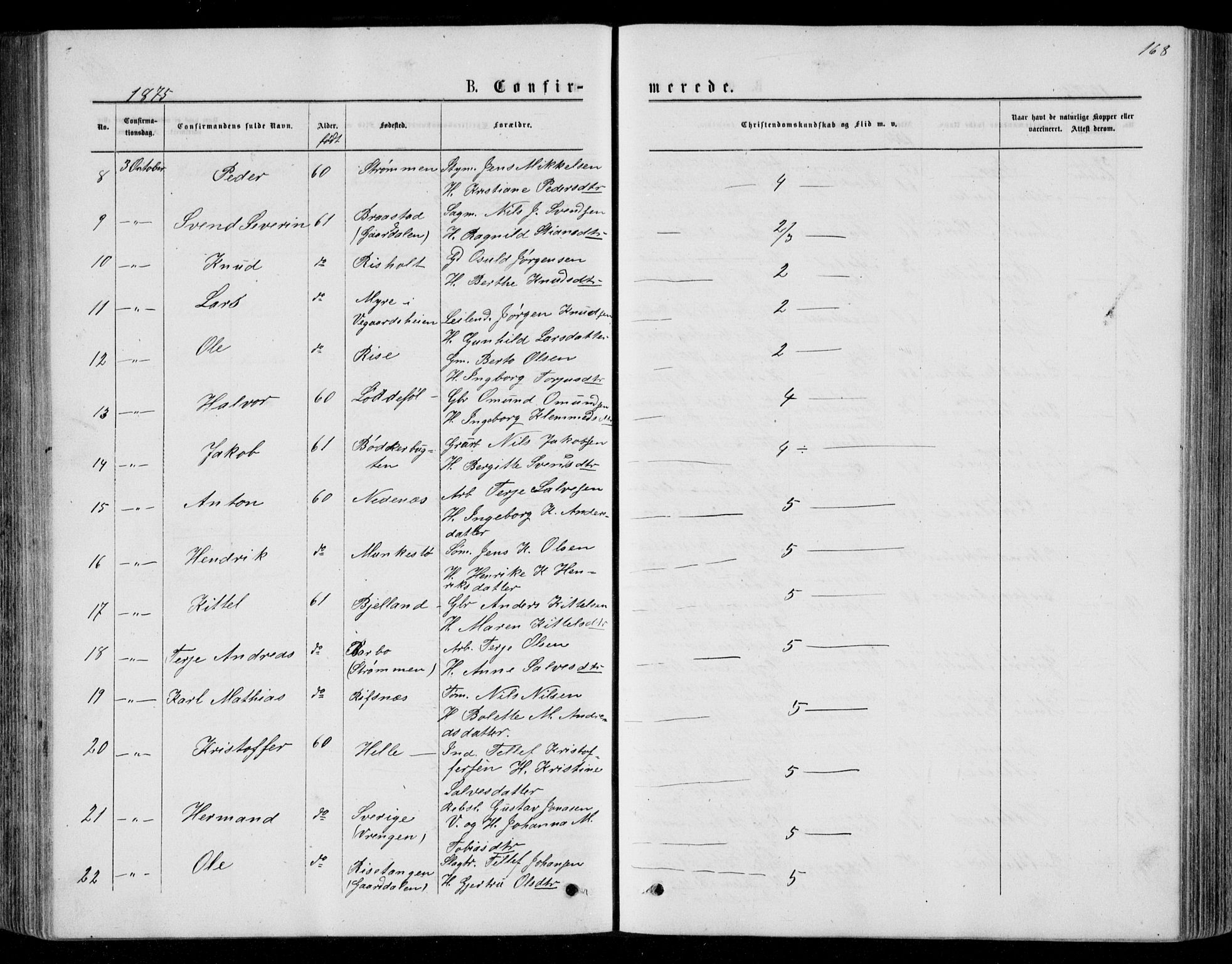 Øyestad sokneprestkontor, AV/SAK-1111-0049/F/Fb/L0008: Parish register (copy) no. B 8, 1872-1886, p. 168