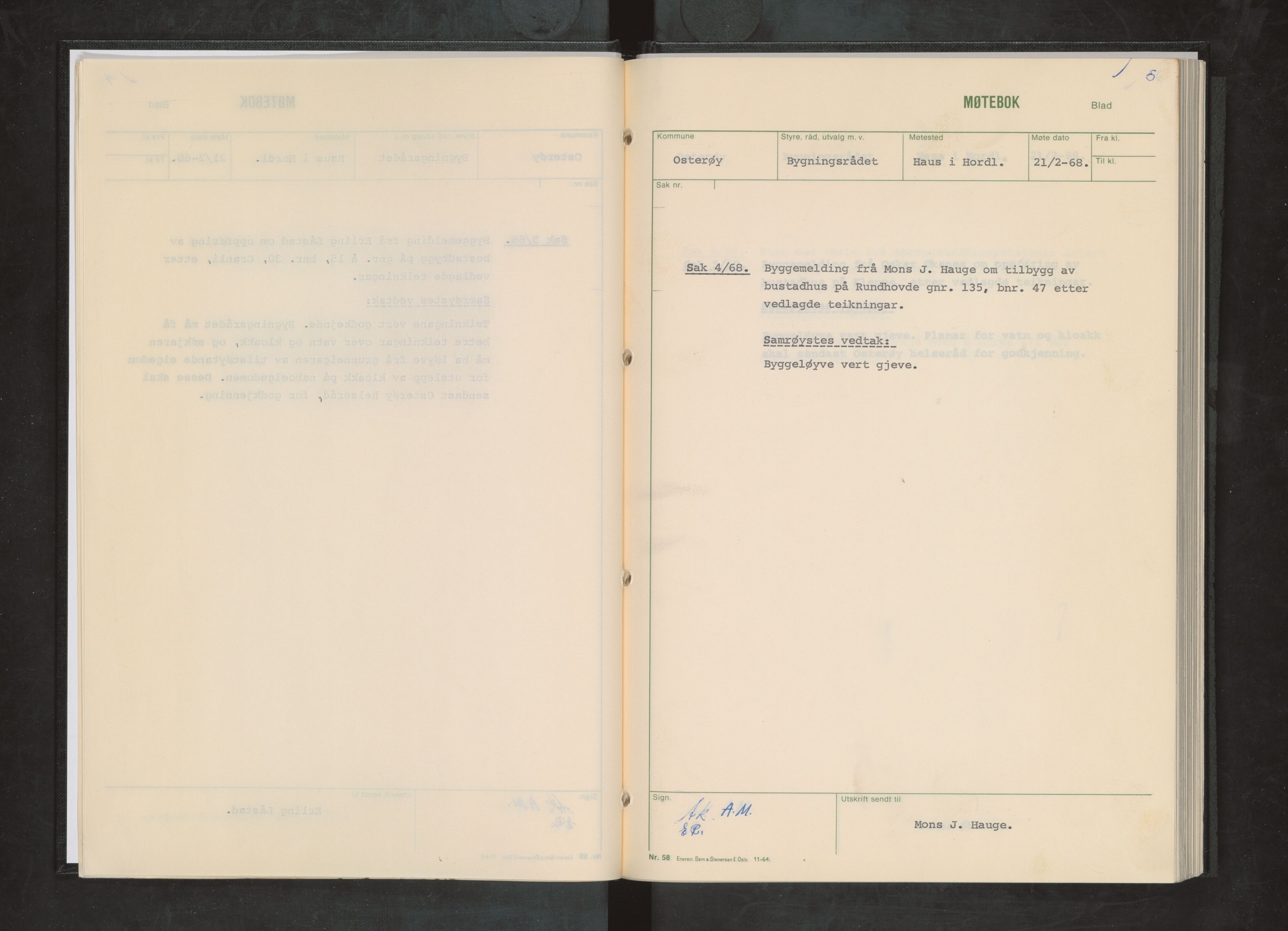 Osterøy kommune. Bygningsrådet, IKAH/1253b-511/A/Aa/L0003: Møtebok Osterøy bygningsråd, 1968