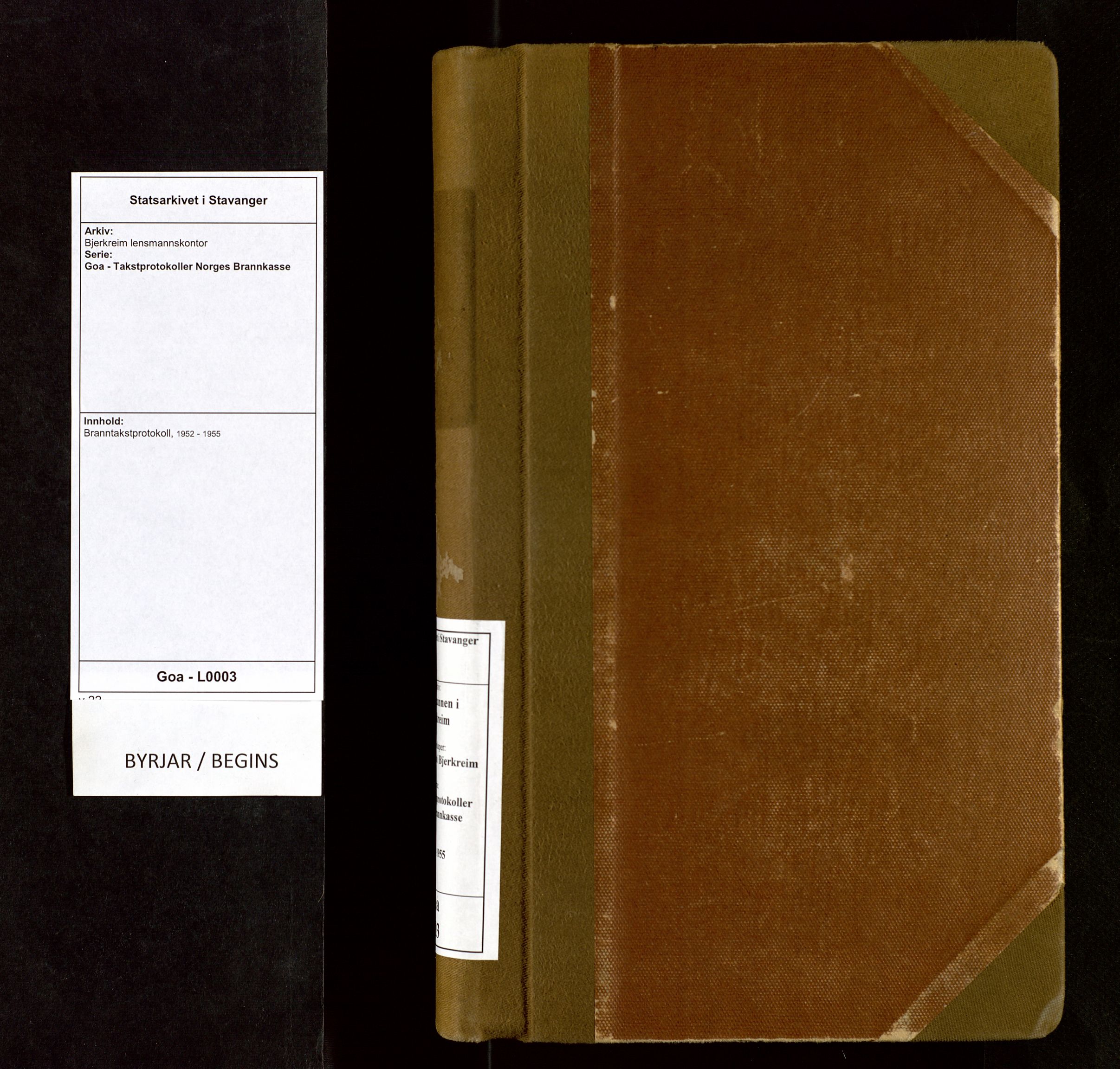Bjerkreim lensmannskontor, SAST/A-100090/Goa/L0003: Branntakstprotokoll, 1952-1955