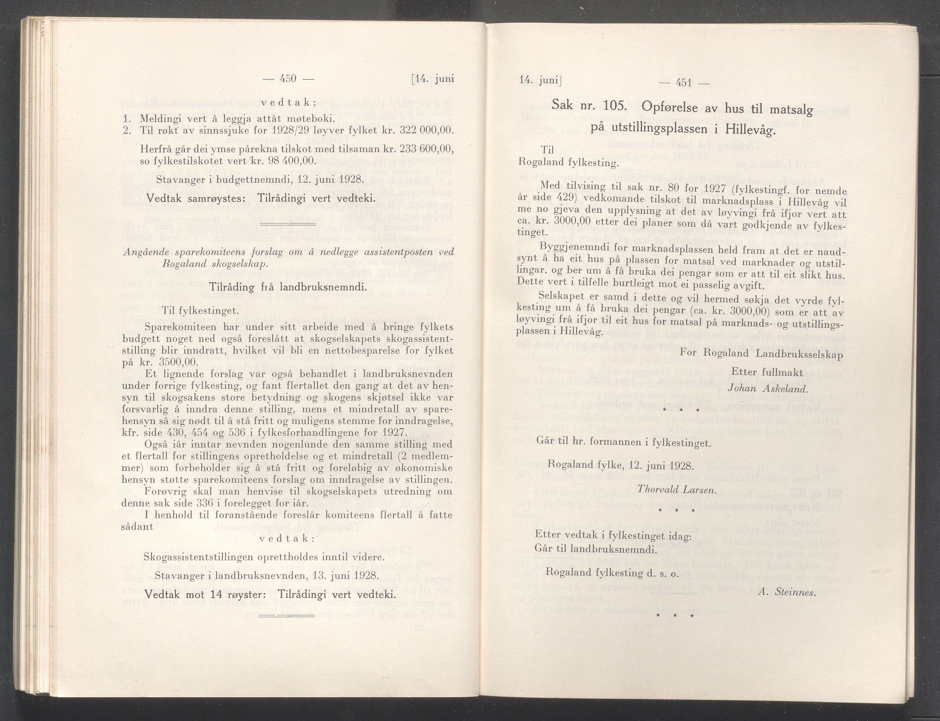 Rogaland fylkeskommune - Fylkesrådmannen , IKAR/A-900/A/Aa/Aaa/L0047: Møtebok , 1928, p. 450-451