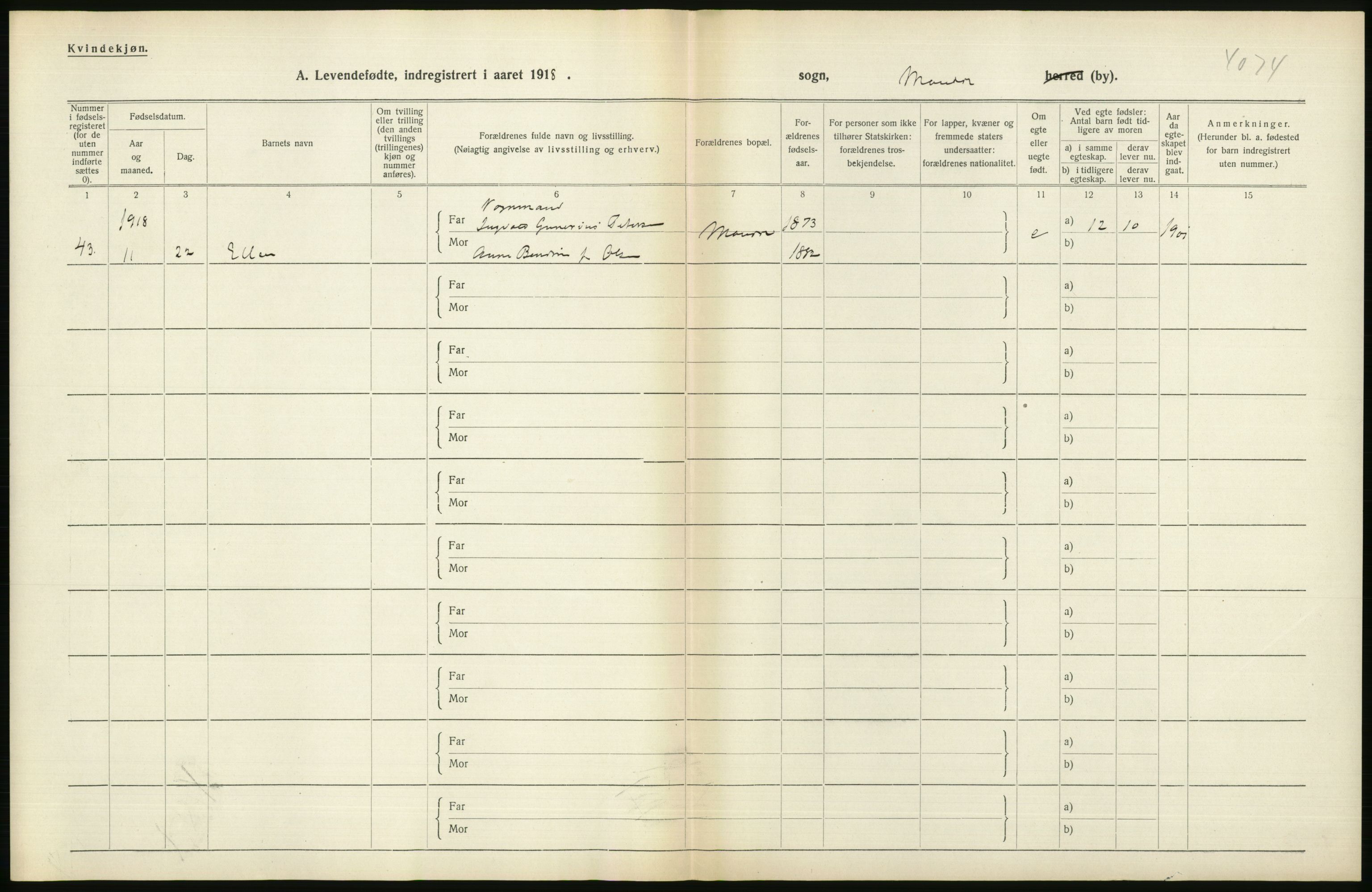 Statistisk sentralbyrå, Sosiodemografiske emner, Befolkning, RA/S-2228/D/Df/Dfb/Dfbh/L0029: Vest-Agder fylke: Levendefødte menn og kvinner, gifte. Bygder og byer., 1918, p. 362