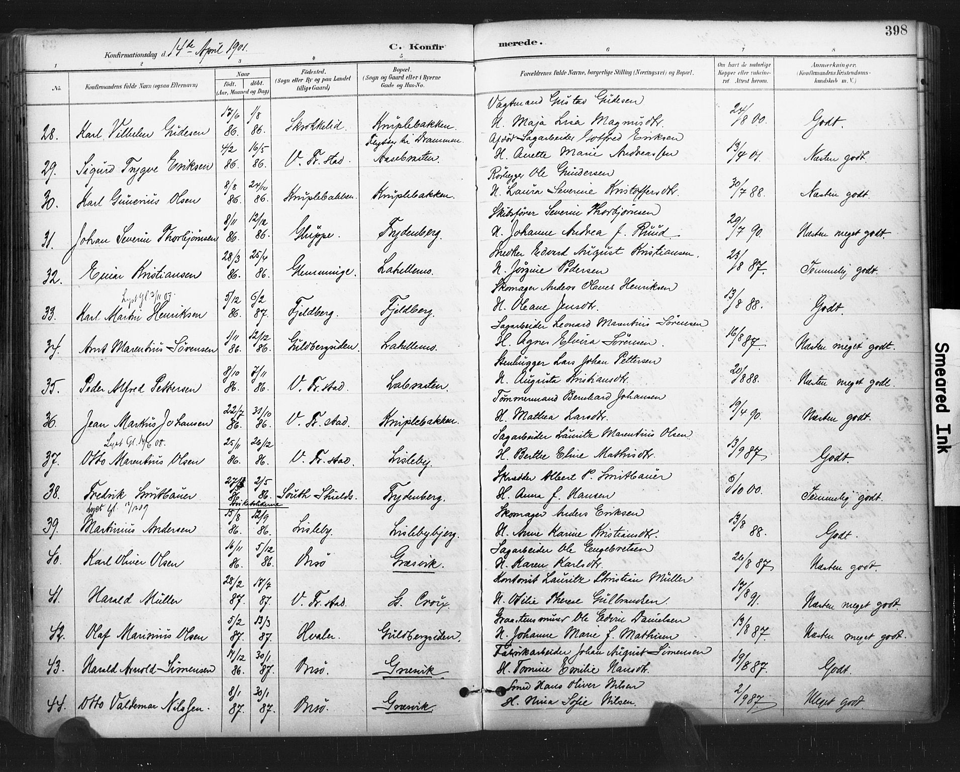 Glemmen prestekontor Kirkebøker, SAO/A-10908/F/Fa/L0013: Parish register (official) no. 13, 1892-1907, p. 398