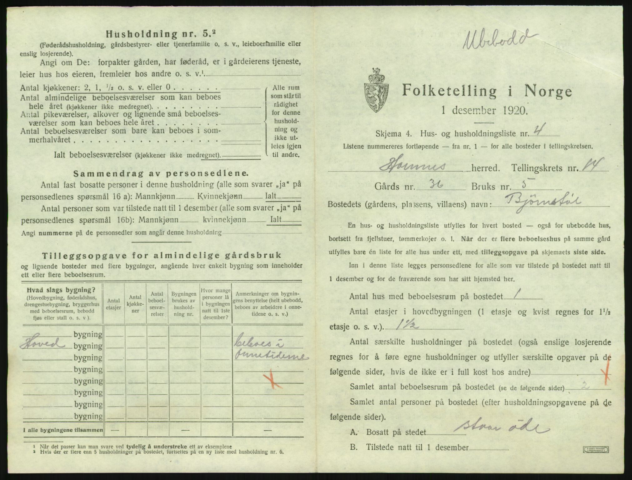 SAK, 1920 census for Hornnes, 1920, p. 545