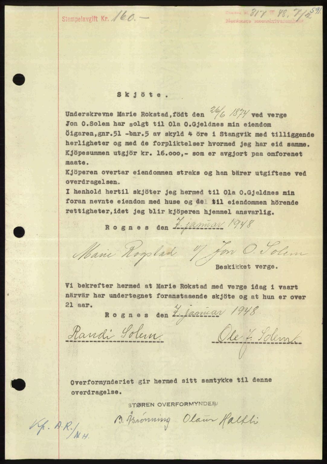 Nordmøre sorenskriveri, AV/SAT-A-4132/1/2/2Ca: Mortgage book no. A107, 1947-1948, Diary no: : 317/1948