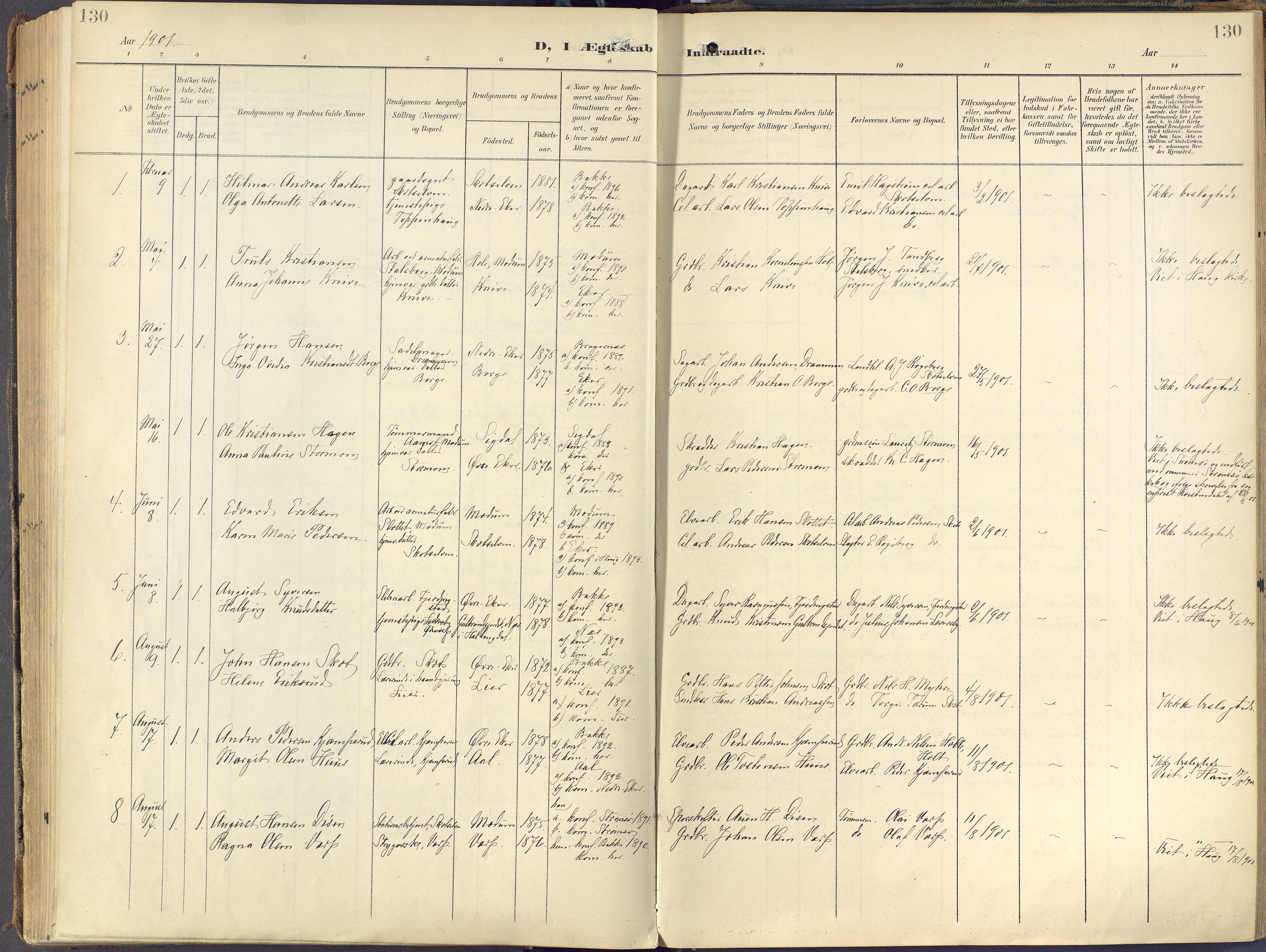 Eiker kirkebøker, AV/SAKO-A-4/F/Fc/L0004: Parish register (official) no. III 4, 1900-1919, p. 130