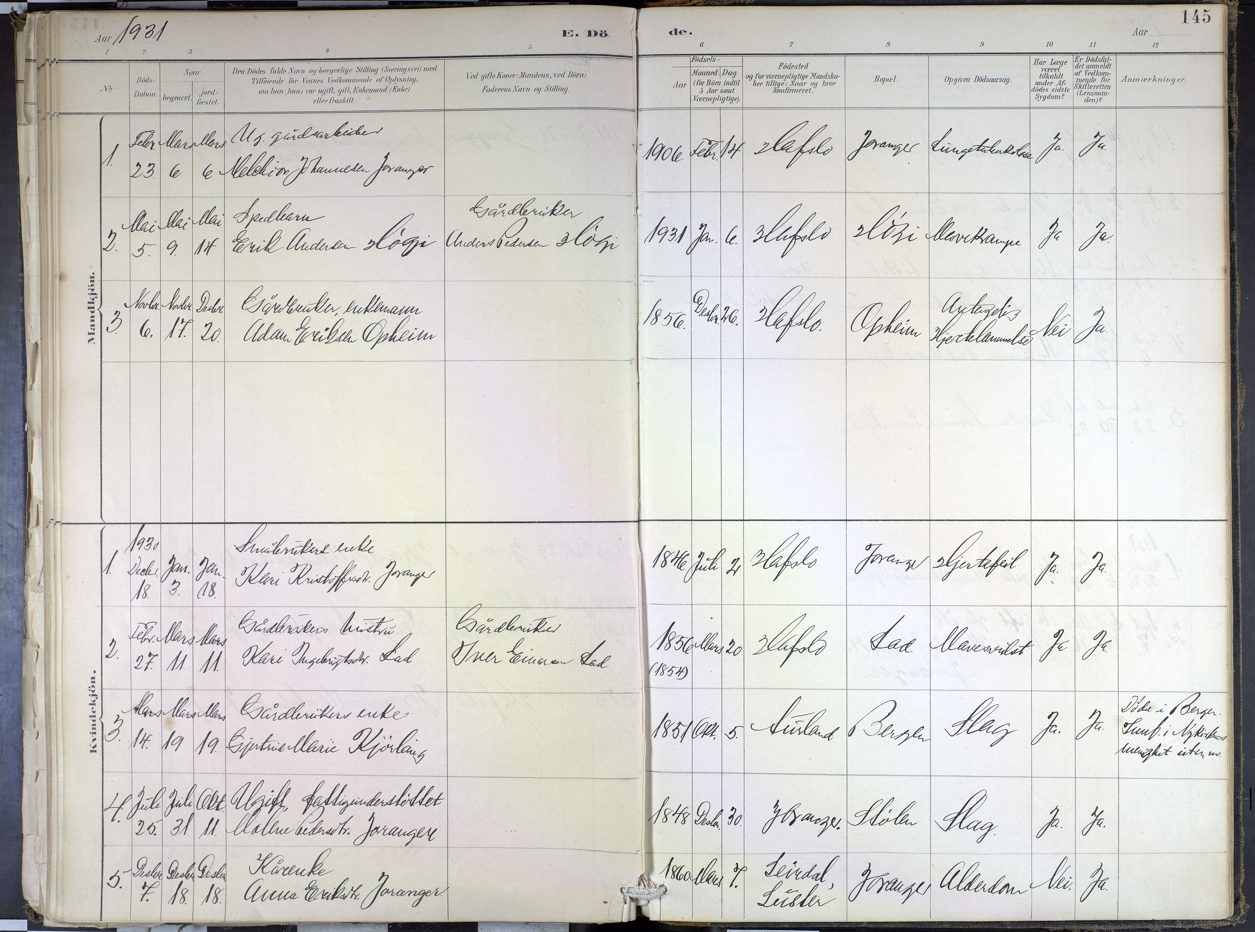 Hafslo sokneprestembete, SAB/A-80301/H/Haa/Haae/L0001: Parish register (official) no. E 1, 1886-1934, p. 145