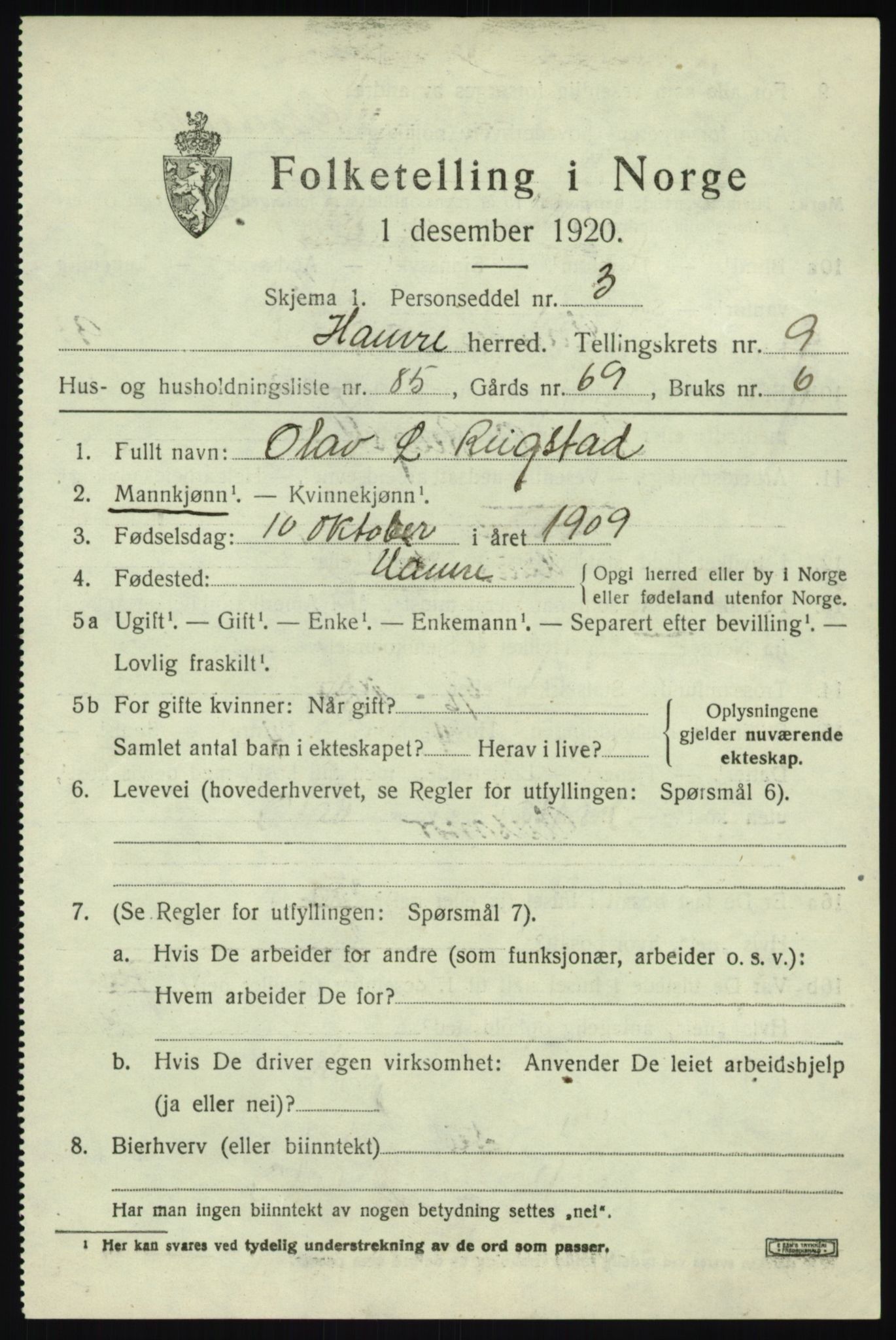 SAB, 1920 census for Hamre, 1920, p. 5955