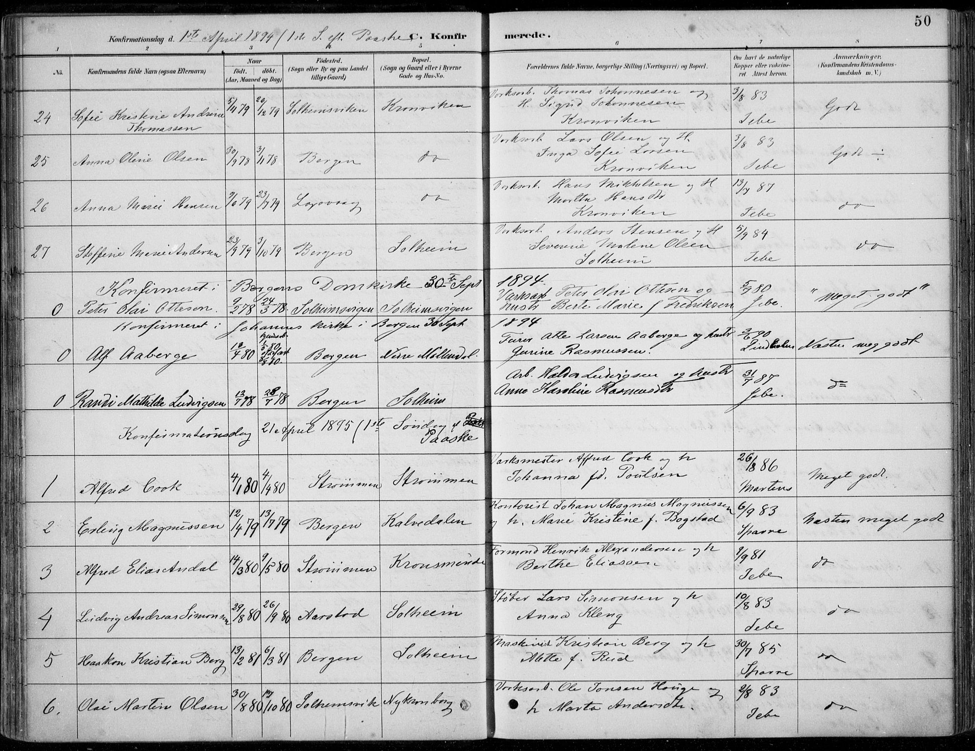 Årstad Sokneprestembete, AV/SAB-A-79301/H/Haa/L0006: Parish register (official) no. B 1, 1886-1901, p. 50