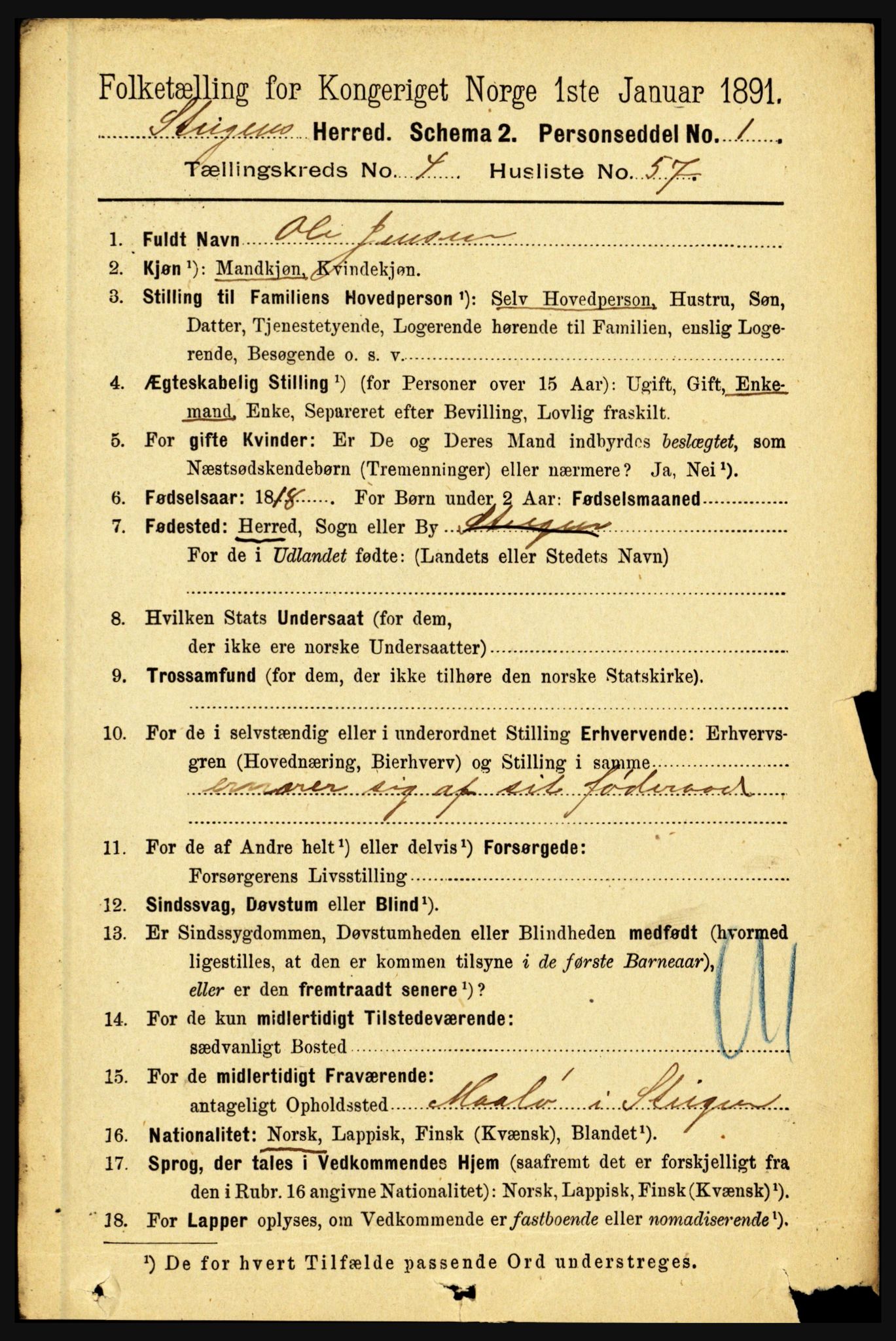 RA, 1891 census for 1848 Steigen, 1891, p. 1805