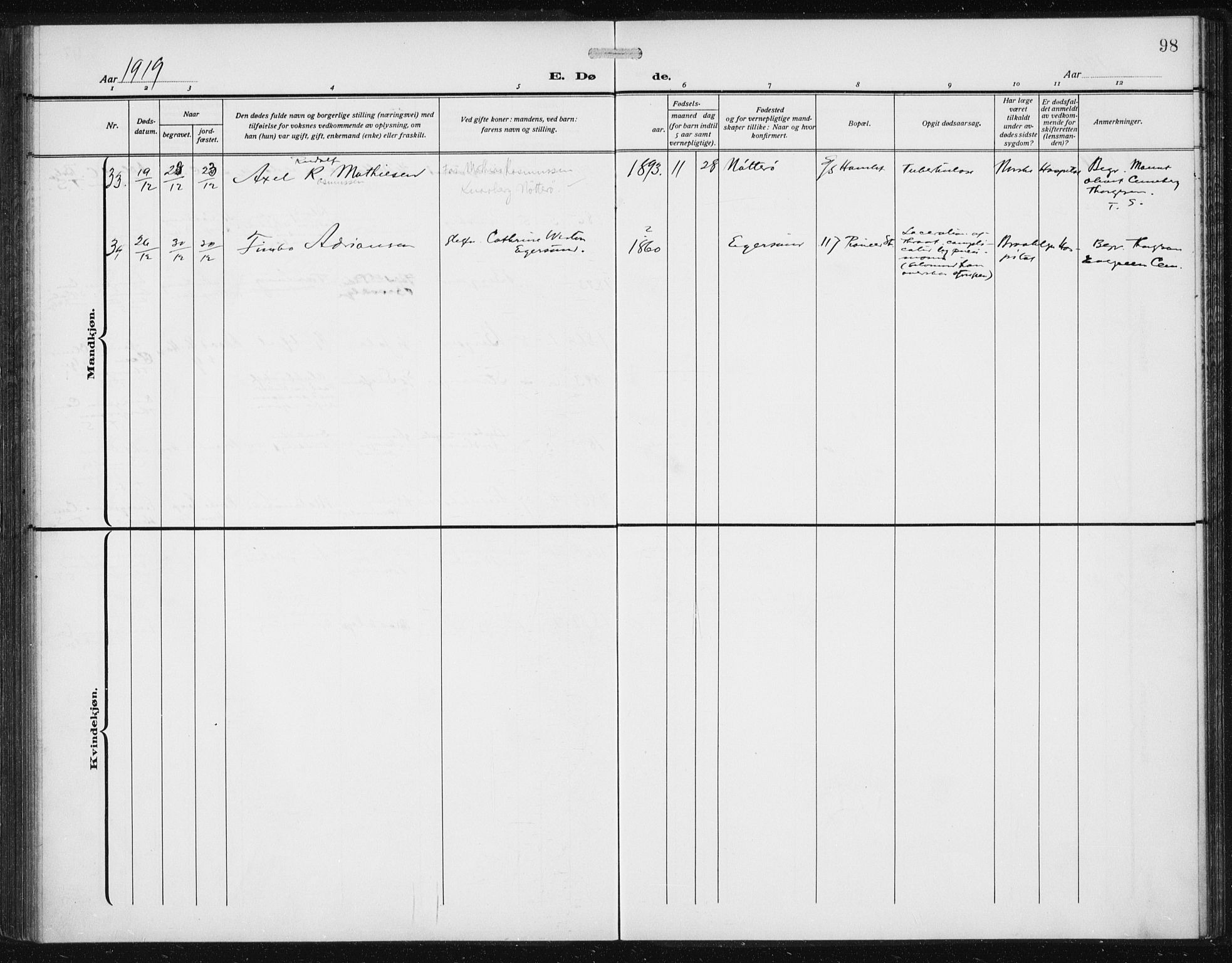 Den norske sjømannsmisjon i utlandet/New York, AV/SAB-SAB/PA-0110/H/Ha/L0007: Parish register (official) no. A 7, 1915-1923, p. 98