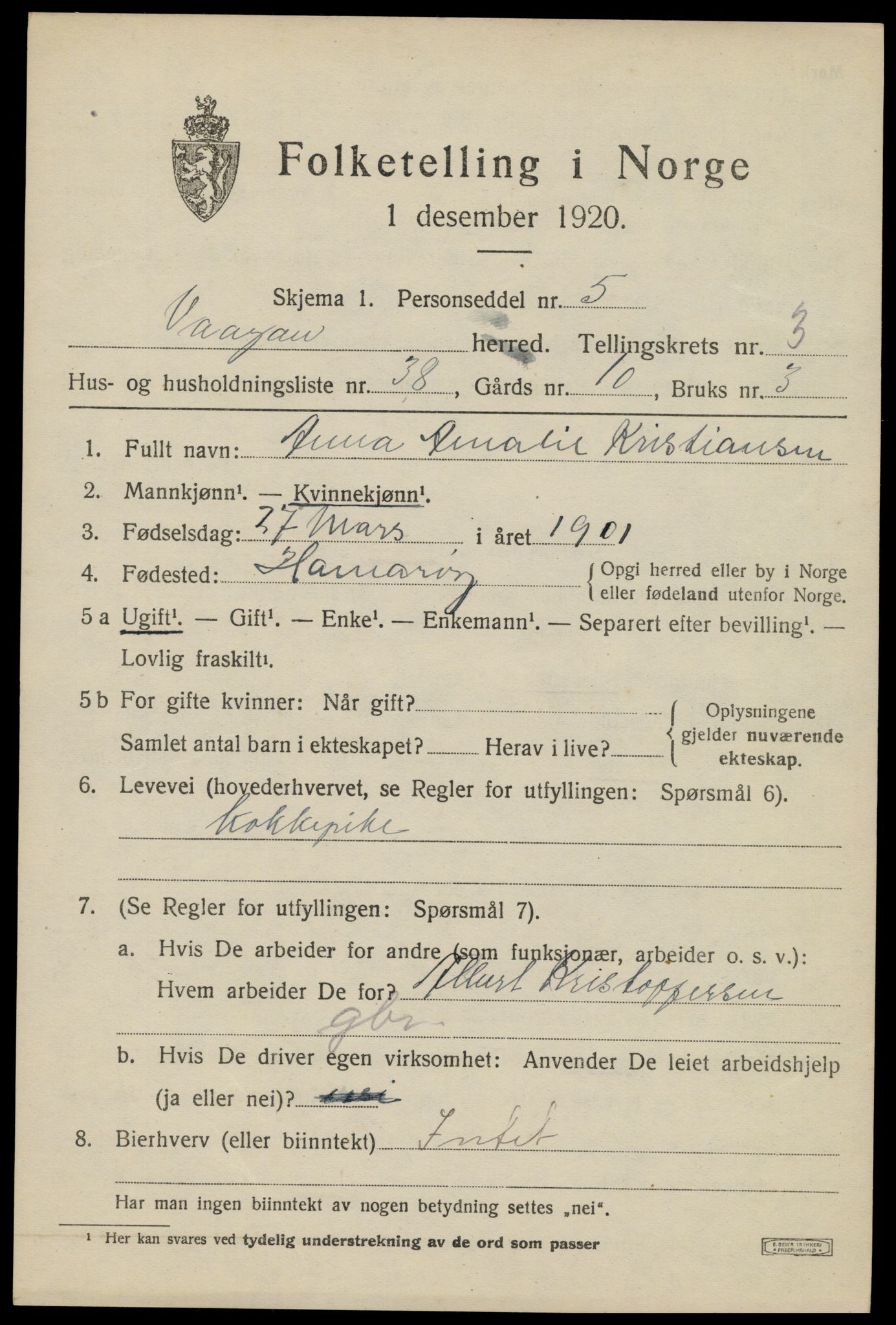 SAT, 1920 census for Vågan, 1920, p. 3043