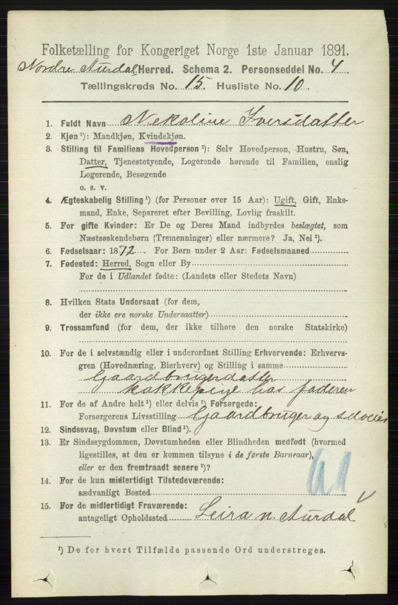 RA, 1891 census for 0542 Nord-Aurdal, 1891, p. 5788