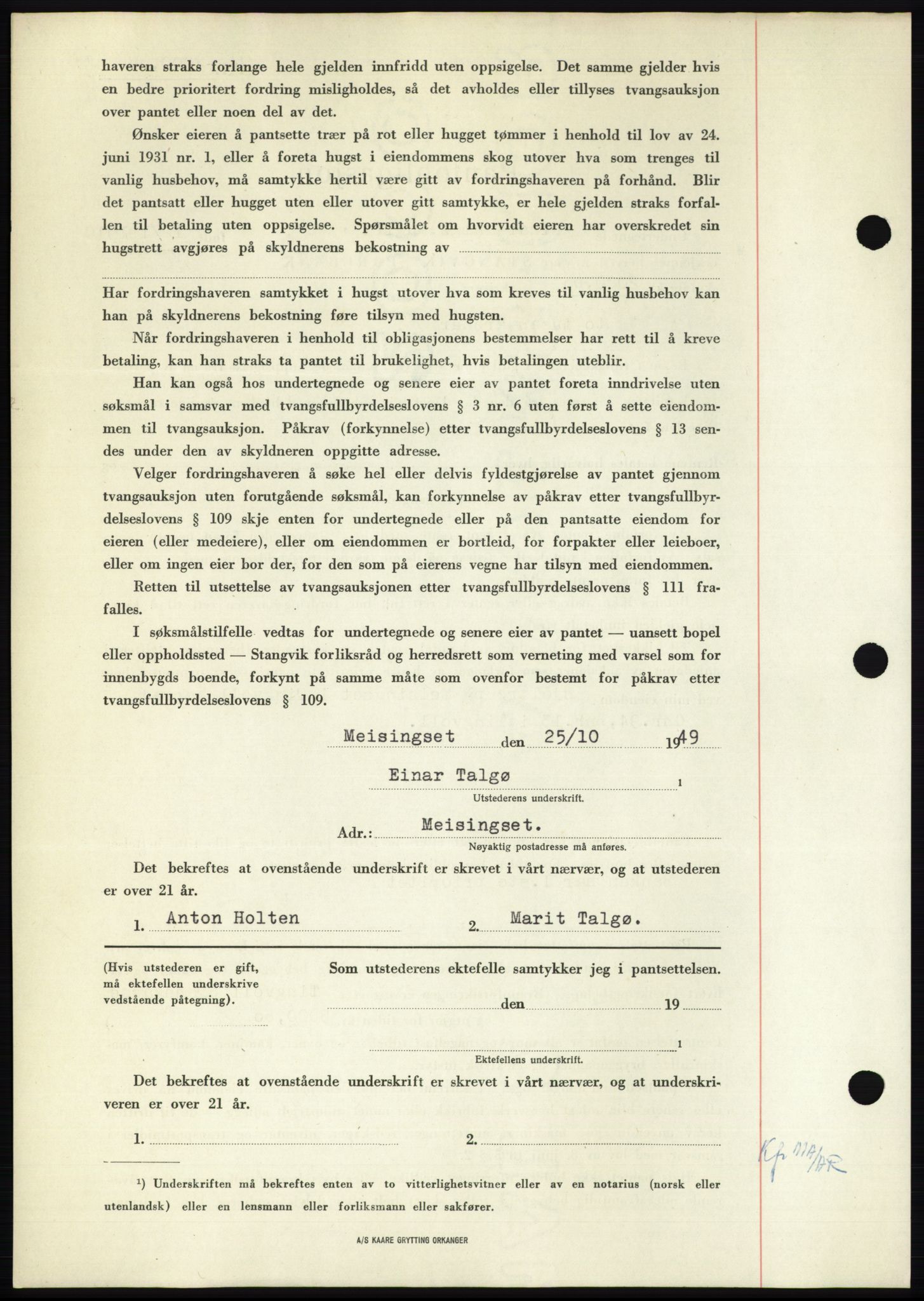 Nordmøre sorenskriveri, AV/SAT-A-4132/1/2/2Ca: Mortgage book no. B103, 1949-1950, Diary no: : 3134/1949