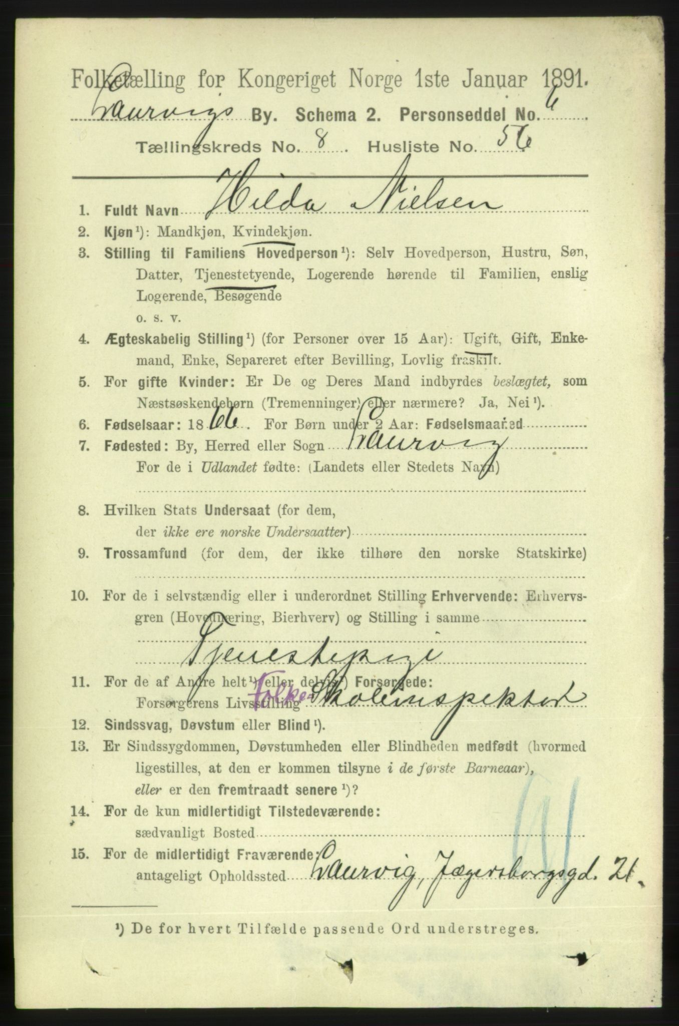 RA, 1891 census for 0707 Larvik, 1891, p. 8493