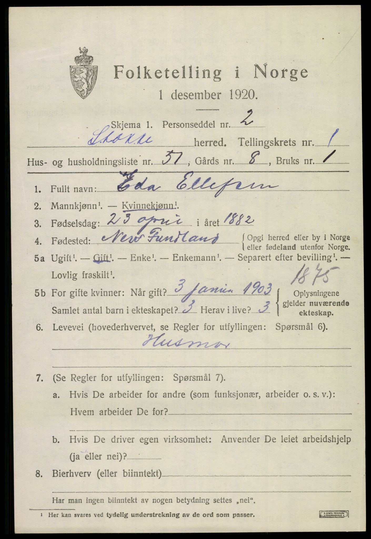 SAKO, 1920 census for Stokke, 1920, p. 2438