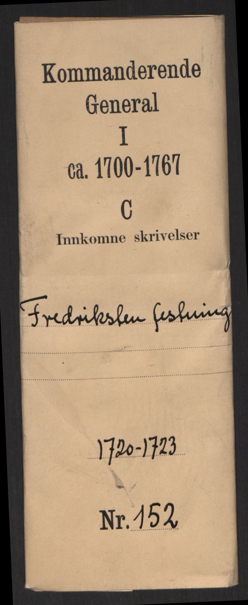 Kommanderende general (KG I) med Det norske krigsdirektorium, AV/RA-EA-5419/D/L0152: Fredriksten festning: Brev, inventarfortegnelser og regnskapsekstrakter, 1720-1723, p. 1