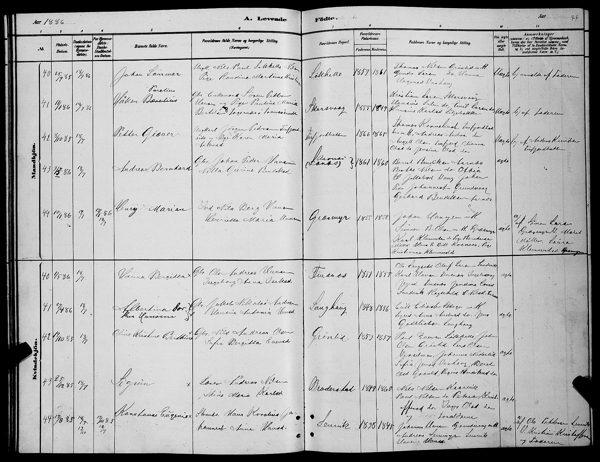 Lenvik sokneprestembete, SATØ/S-1310/H/Ha/Hab/L0006klokker: Parish register (copy) no. 6, 1881-1889, p. 44