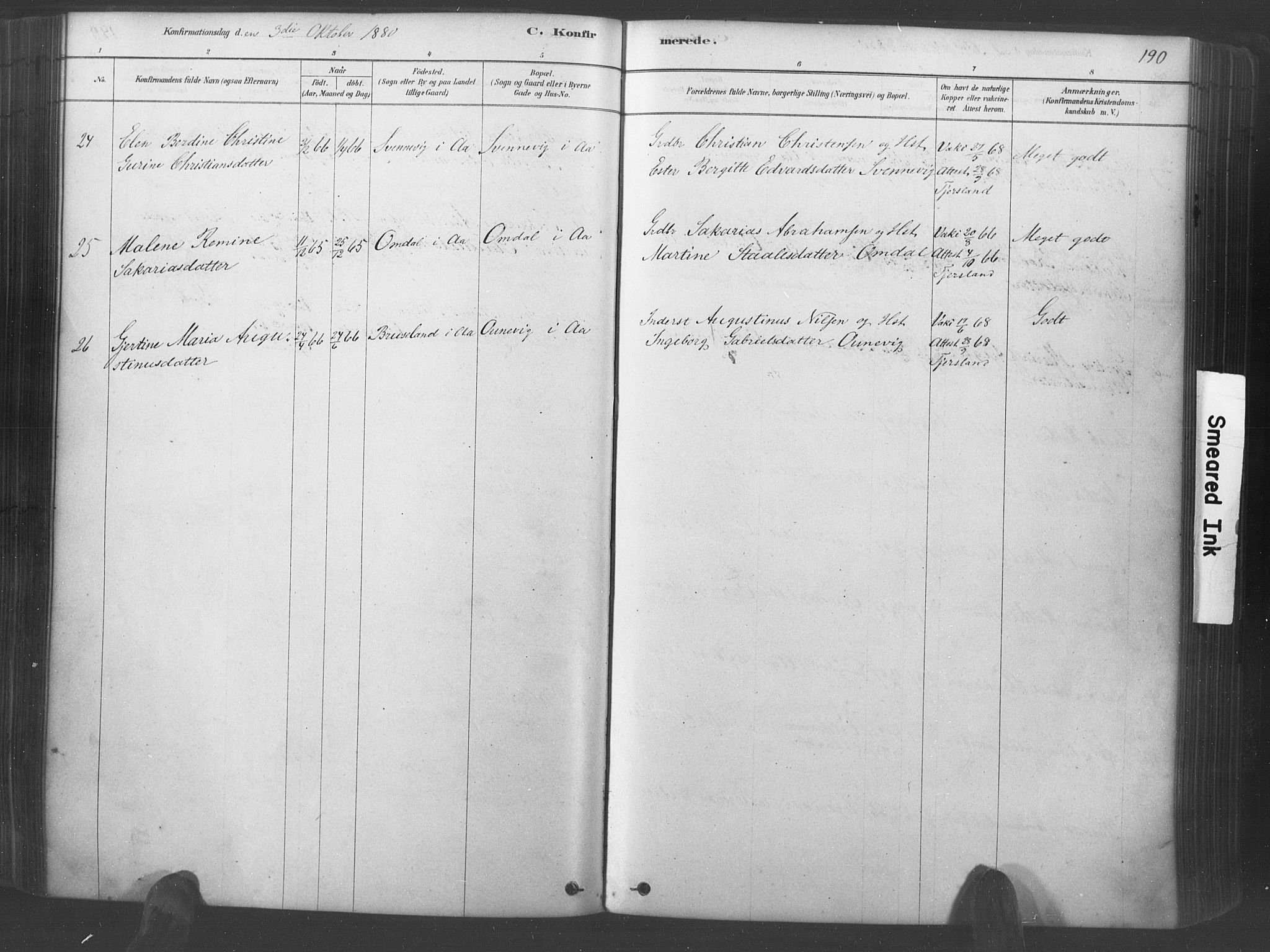 Lyngdal sokneprestkontor, SAK/1111-0029/F/Fa/Fac/L0011: Parish register (official) no. A 11, 1878-1893, p. 190