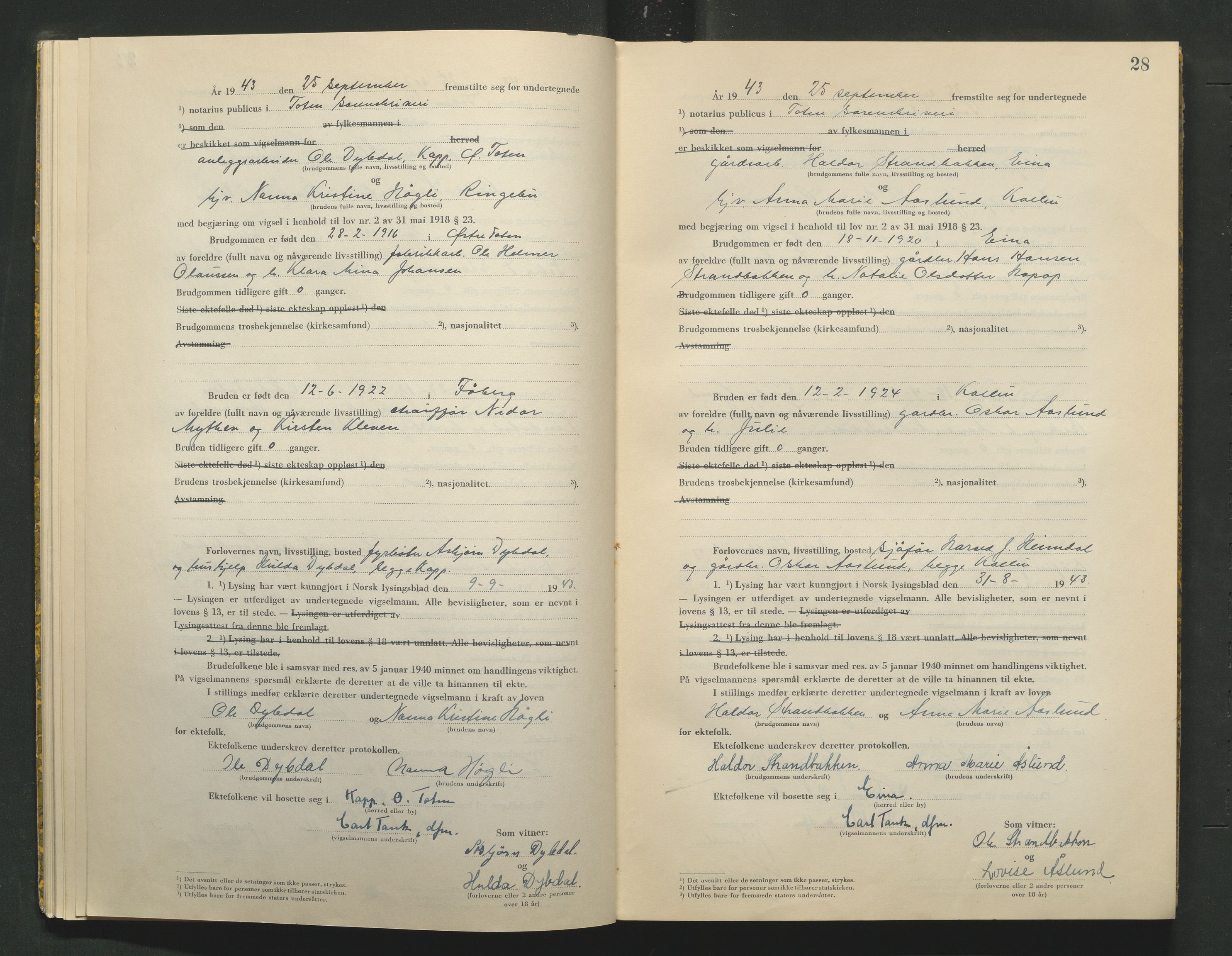 Toten tingrett, AV/SAH-TING-006/L/Lc/L0003: Vigselbok, 1943-1944, p. 28