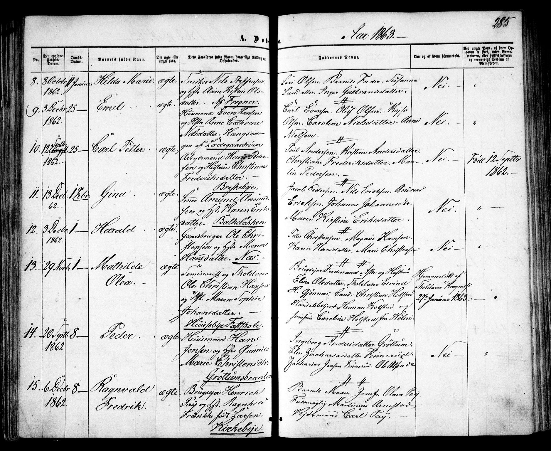 Vestre Aker prestekontor Kirkebøker, AV/SAO-A-10025/F/Fa/L0003: Parish register (official) no. 3, 1857-1868, p. 285