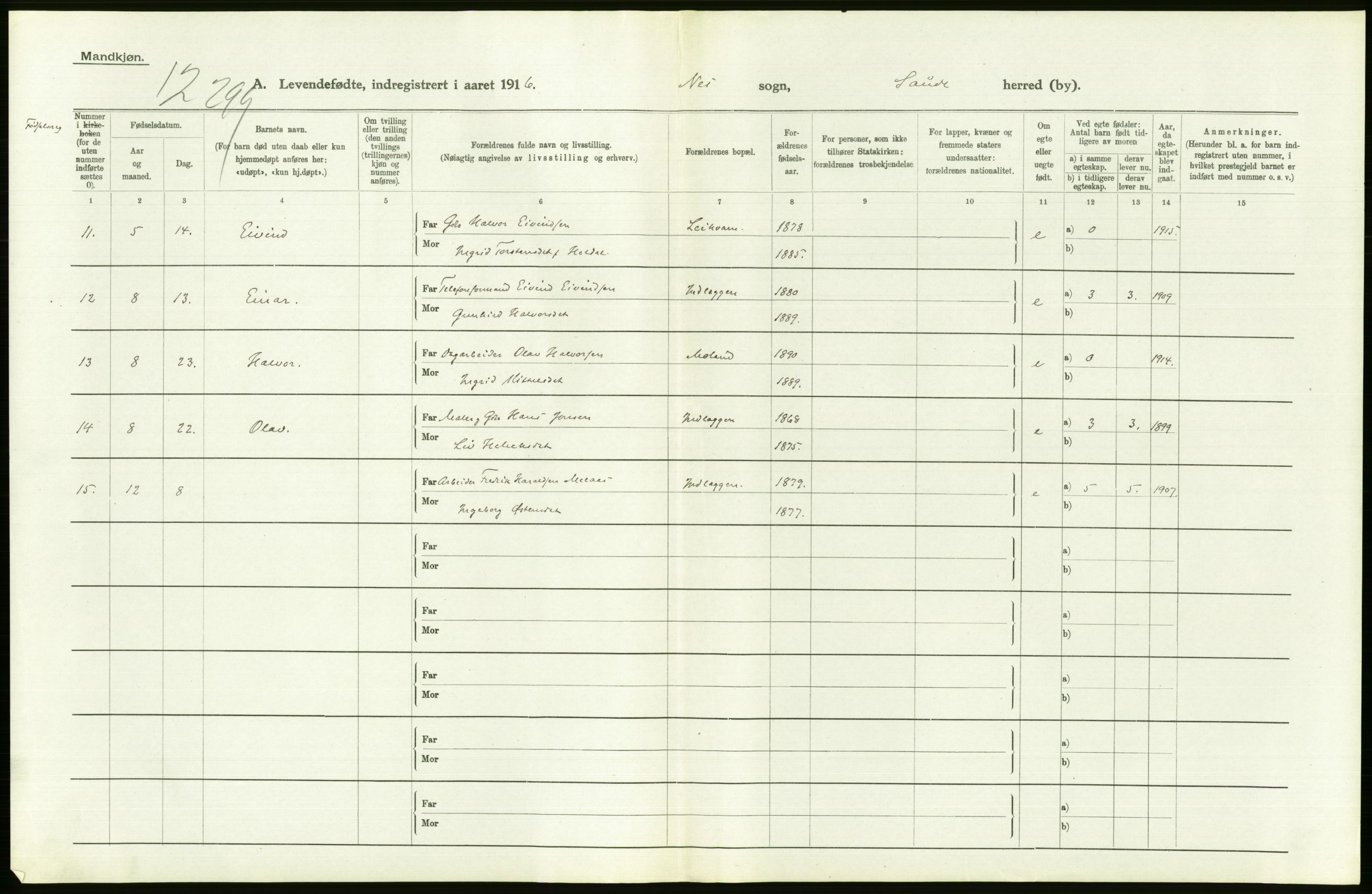 Statistisk sentralbyrå, Sosiodemografiske emner, Befolkning, AV/RA-S-2228/D/Df/Dfb/Dfbf/L0022: Bratsberg amt: Levendefødte menn og kvinner. Bygder., 1916, p. 262