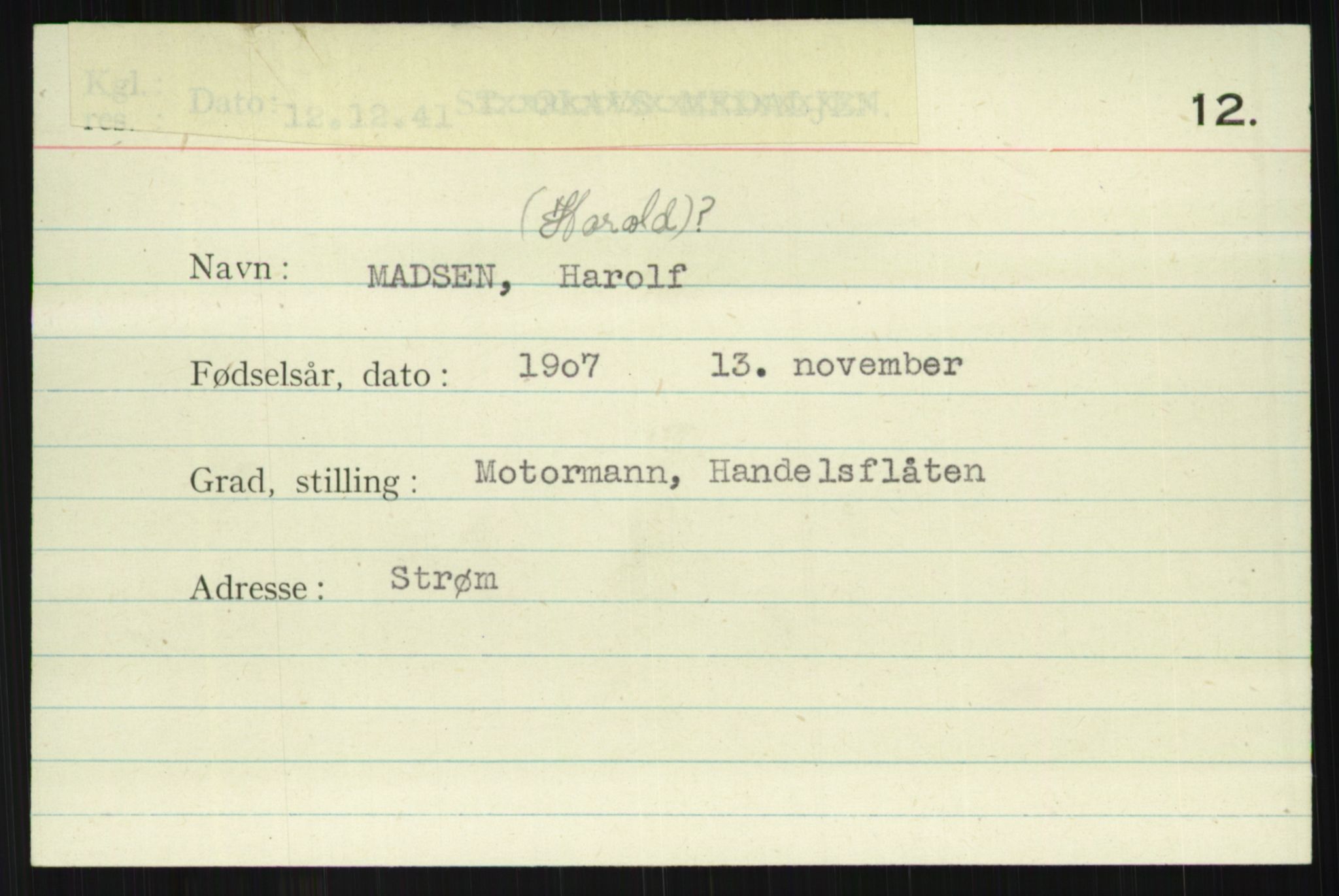 Direktoratet for sjømenn, AV/RA-S-3545/G/Gi/L0007: Kartotek over krigsdekorasjoner tildelt nordmenn under krigen, 1940-1945, p. 1049