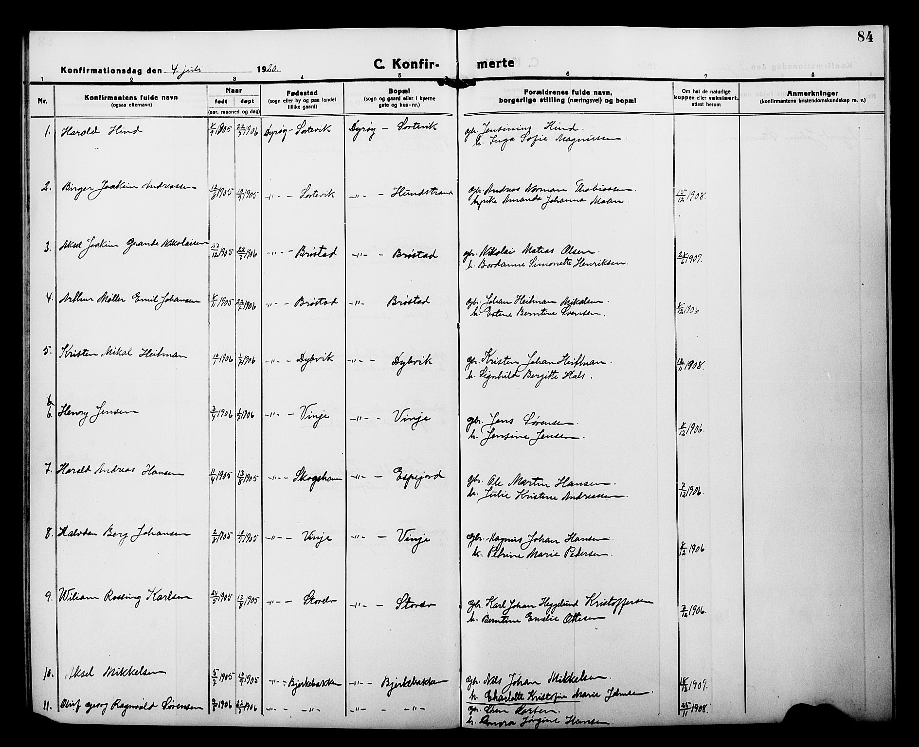 Tranøy sokneprestkontor, AV/SATØ-S-1313/I/Ia/Iab/L0015klokker: Parish register (copy) no. 15, 1918-1930, p. 84