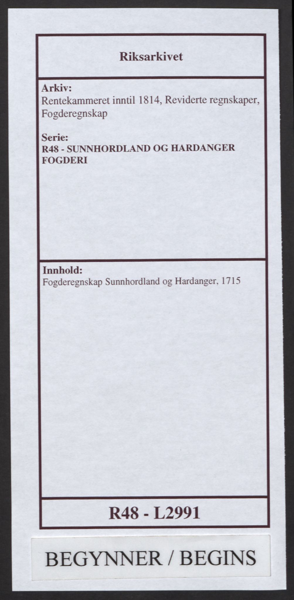 Rentekammeret inntil 1814, Reviderte regnskaper, Fogderegnskap, AV/RA-EA-4092/R48/L2991: Fogderegnskap Sunnhordland og Hardanger, 1715, p. 1