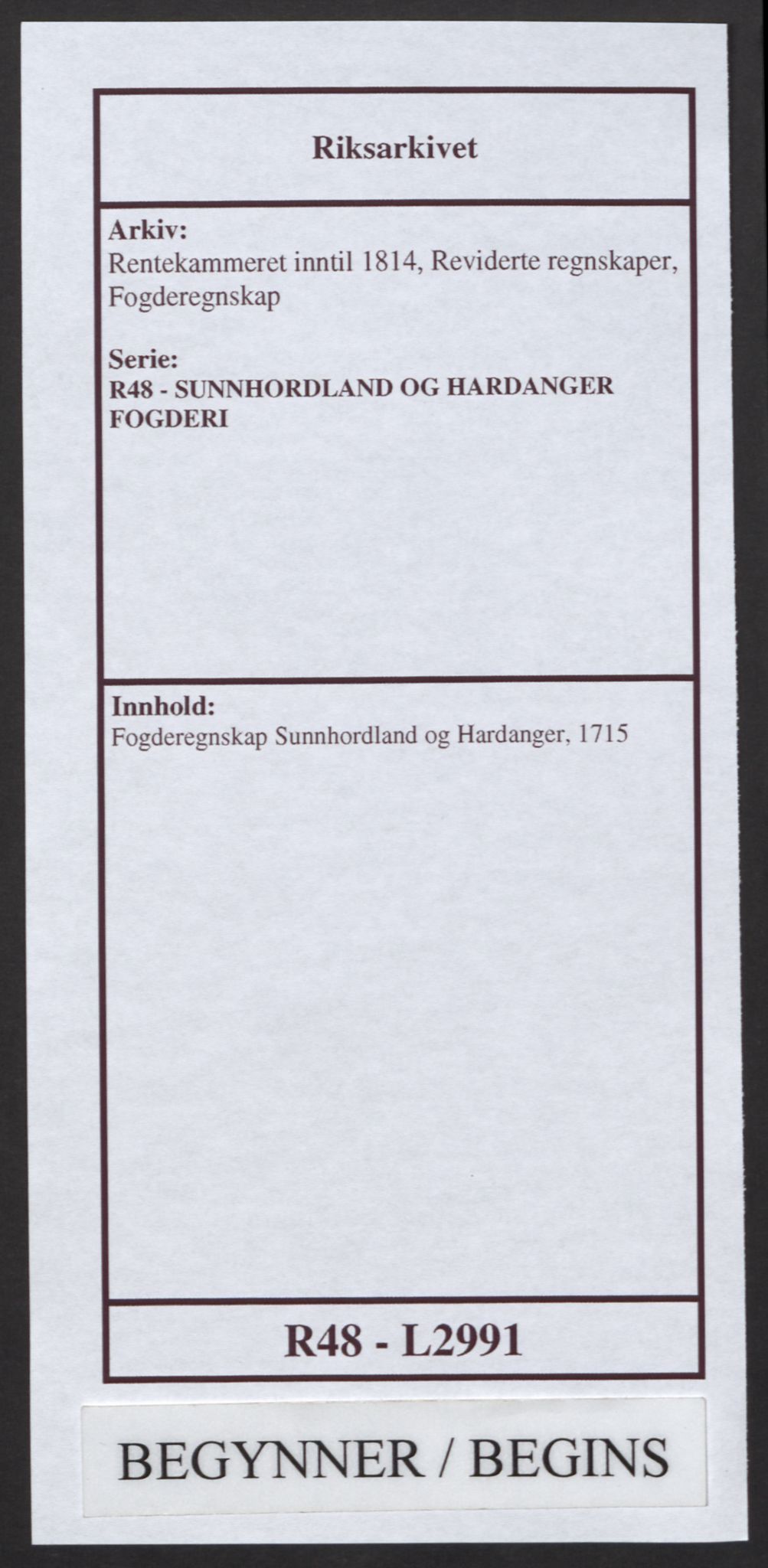 Rentekammeret inntil 1814, Reviderte regnskaper, Fogderegnskap, AV/RA-EA-4092/R48/L2991: Fogderegnskap Sunnhordland og Hardanger, 1715, p. 1