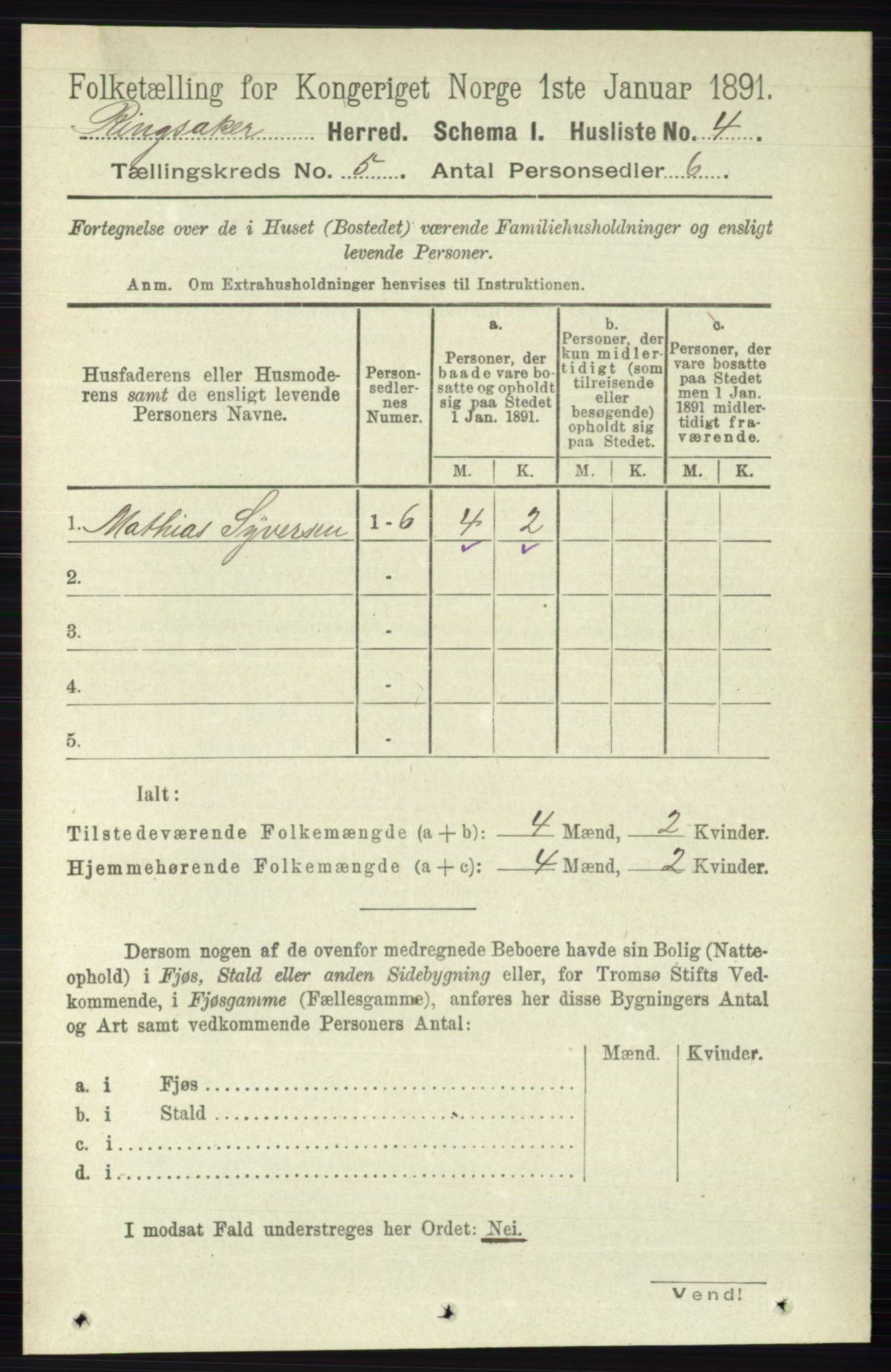 RA, 1891 census for 0412 Ringsaker, 1891, p. 2299