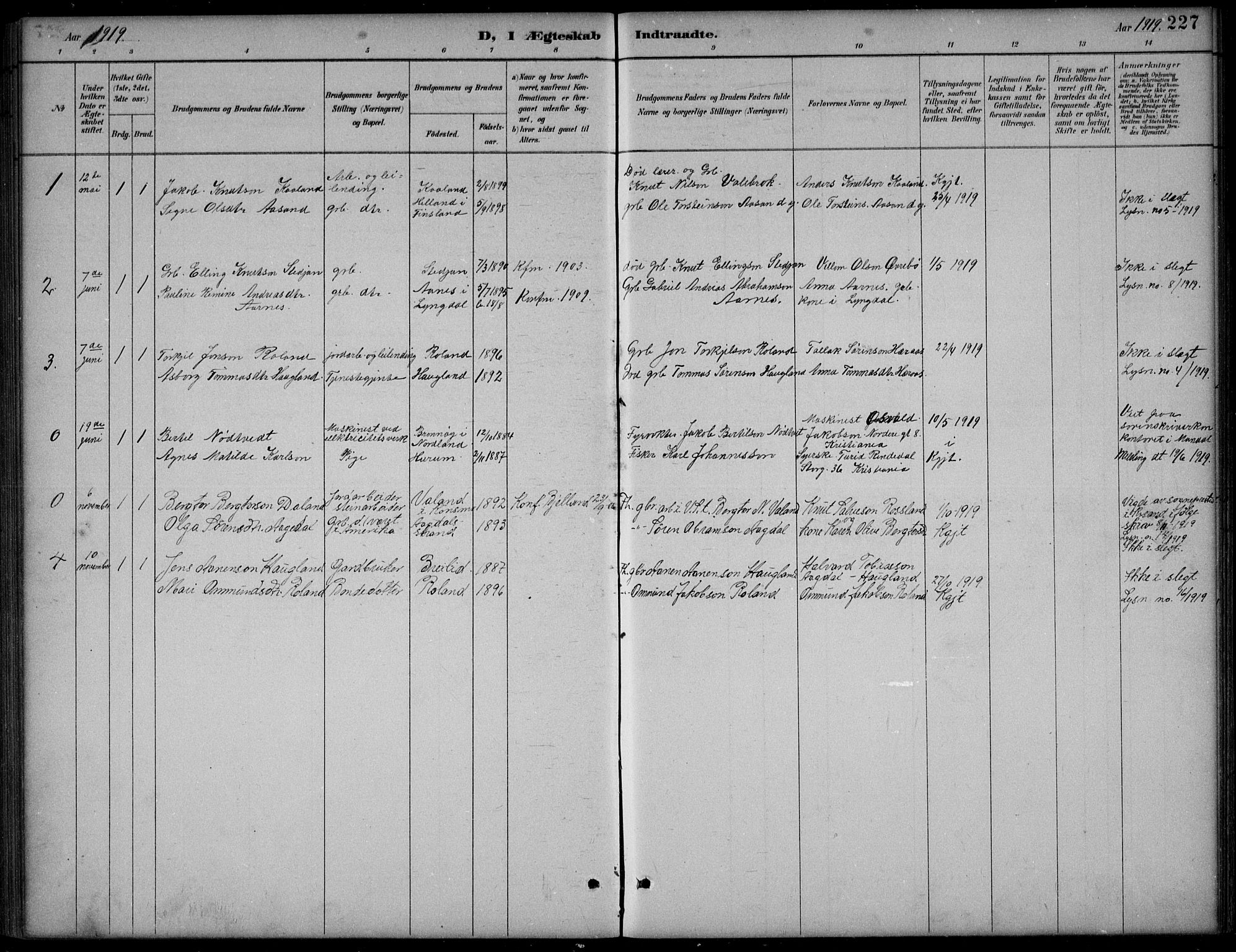 Bjelland sokneprestkontor, AV/SAK-1111-0005/F/Fb/Fba/L0005: Parish register (copy) no. B 5, 1887-1923, p. 227