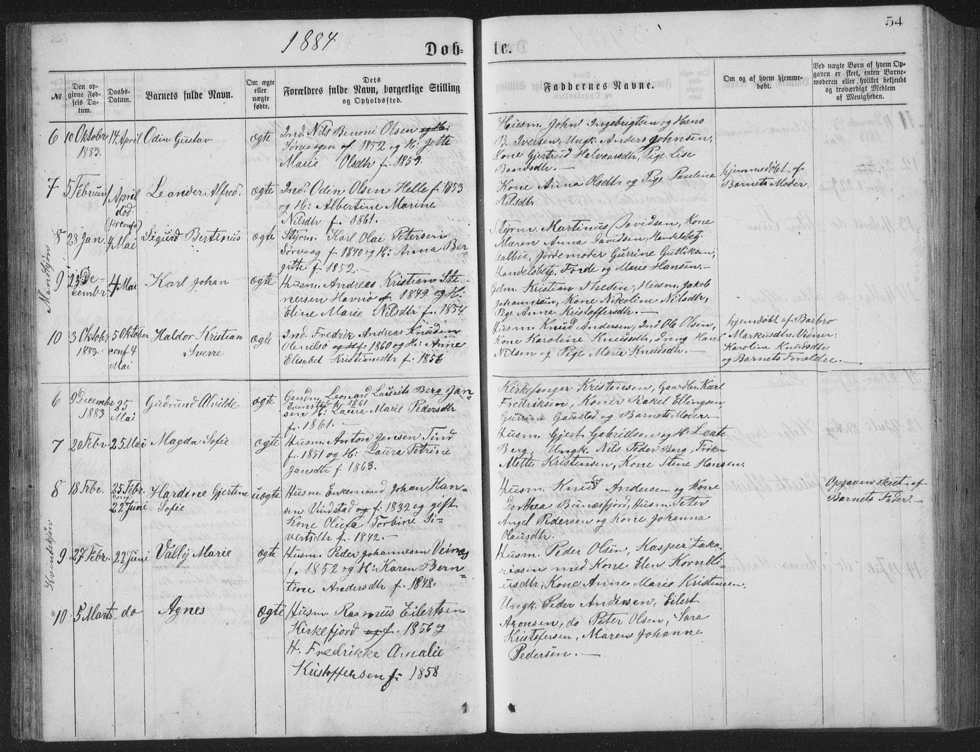 Ministerialprotokoller, klokkerbøker og fødselsregistre - Nordland, AV/SAT-A-1459/886/L1225: Parish register (copy) no. 886C02, 1874-1896, p. 54