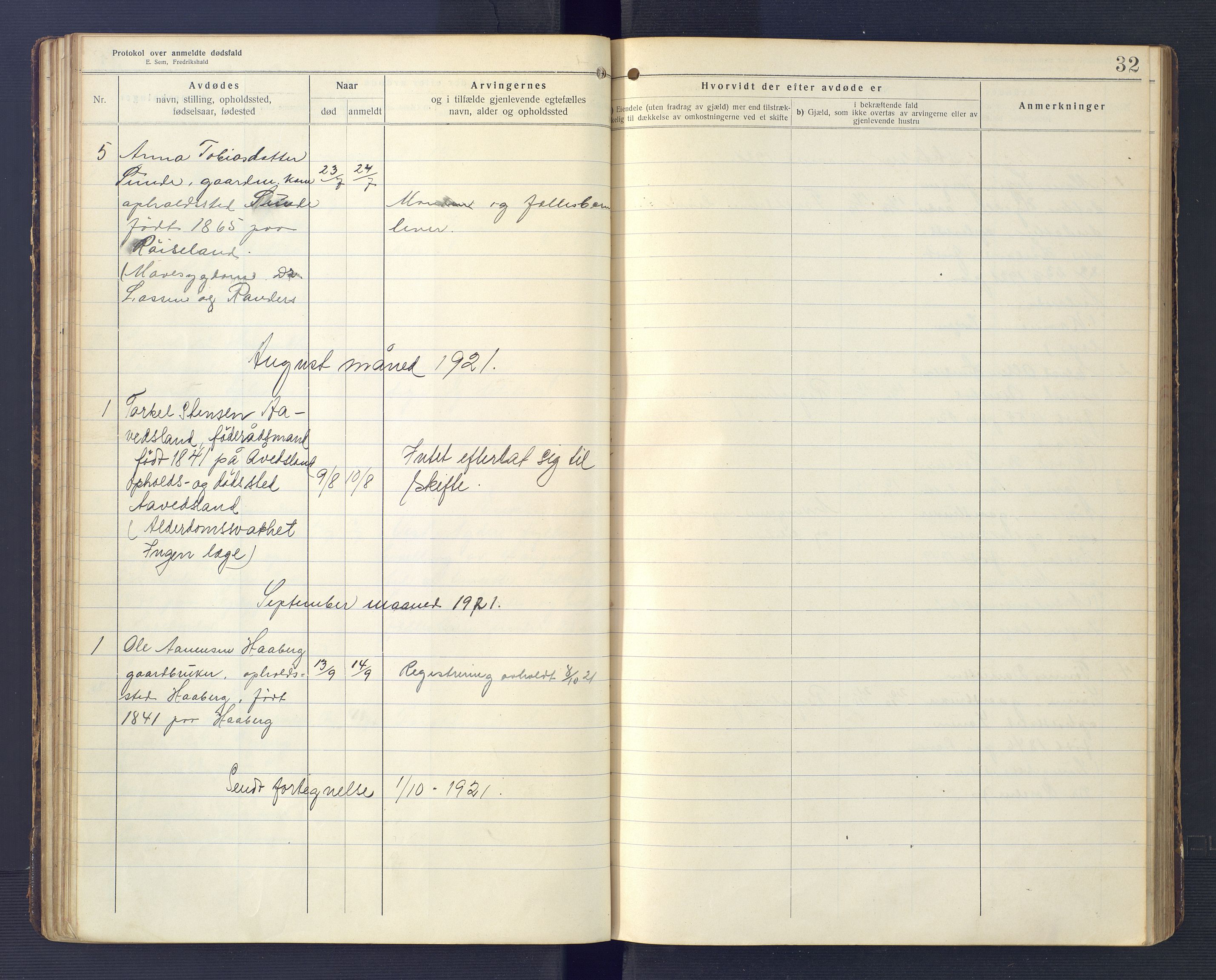 Hægebostad og Eiken lensmannskontor, SAK/1241-0023/F/Fe/L0002: Dødsfallsprotokoll nr 34, 1917-1932, p. 32