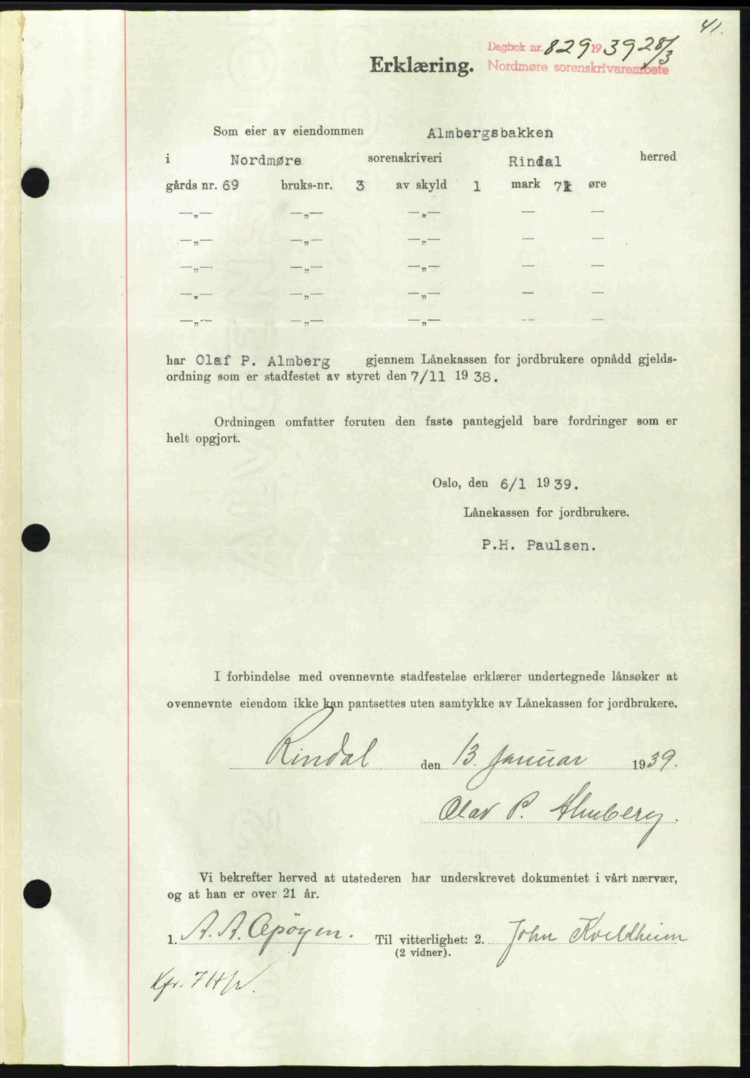 Nordmøre sorenskriveri, AV/SAT-A-4132/1/2/2Ca: Mortgage book no. B85, 1939-1939, Diary no: : 829/1939