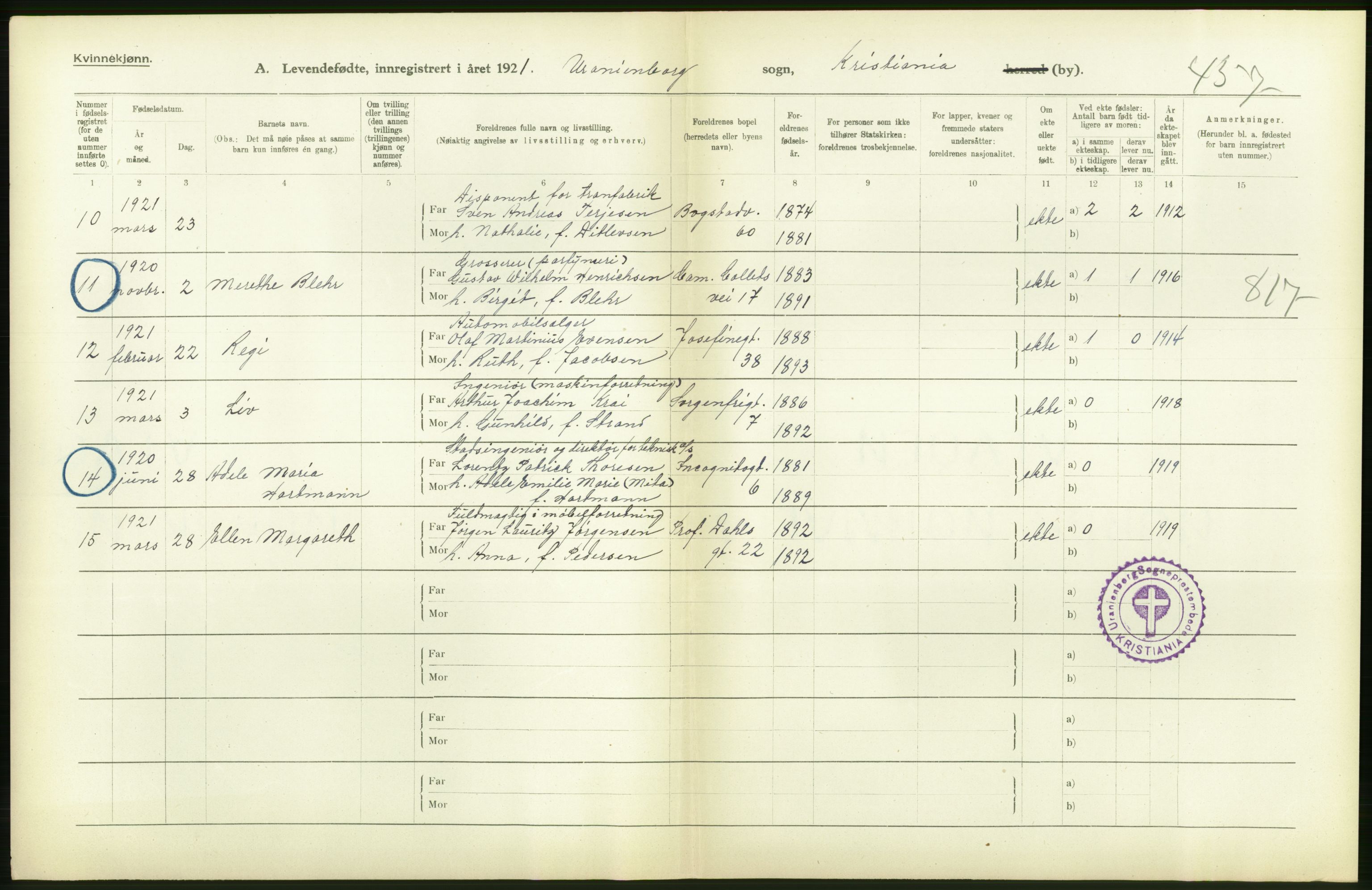 Statistisk sentralbyrå, Sosiodemografiske emner, Befolkning, AV/RA-S-2228/D/Df/Dfc/Dfca/L0010: Kristiania: Levendefødte menn og kvinner., 1921, p. 130