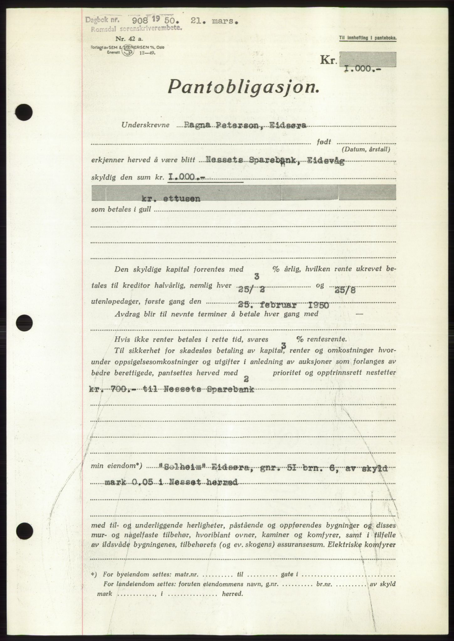 Romsdal sorenskriveri, AV/SAT-A-4149/1/2/2C: Mortgage book no. B5, 1949-1950, Diary no: : 908/1950