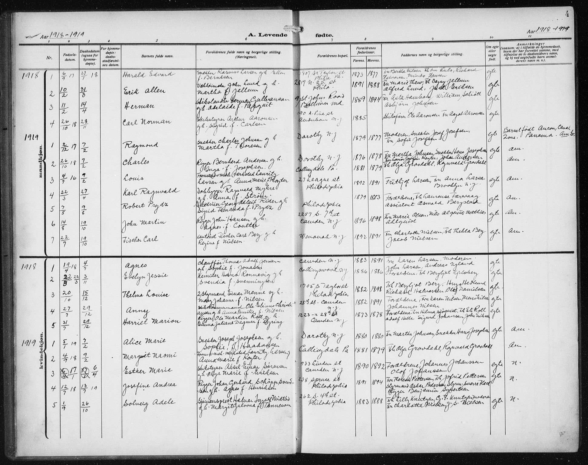 Den norske sjømannsmisjon i utlandet/Philadelphia, SAB/SAB/PA-0113/H/Ha/L0001: Parish register (official) no. A 1, 1912-1931, p. 4