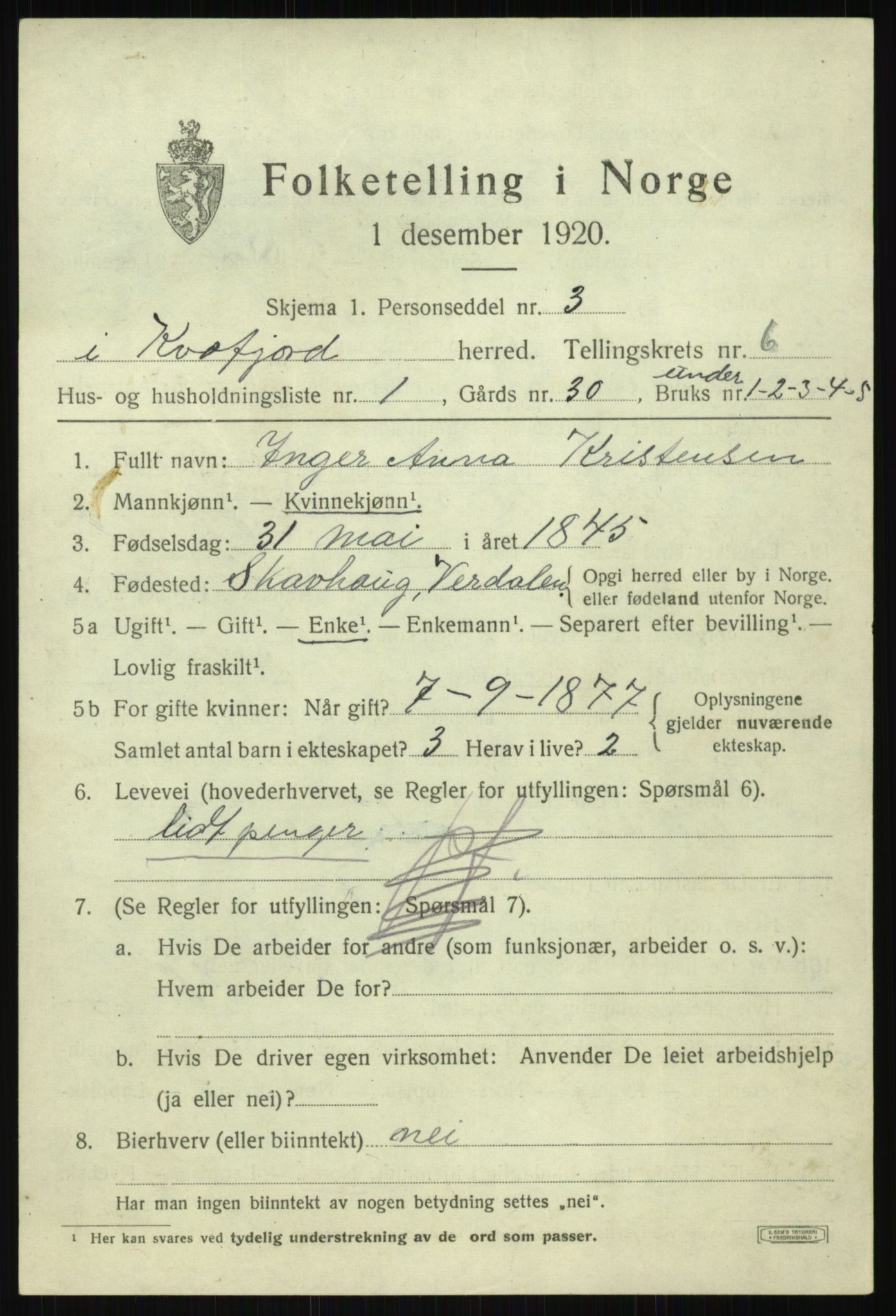 SATØ, 1920 census for Kvæfjord, 1920, p. 3127