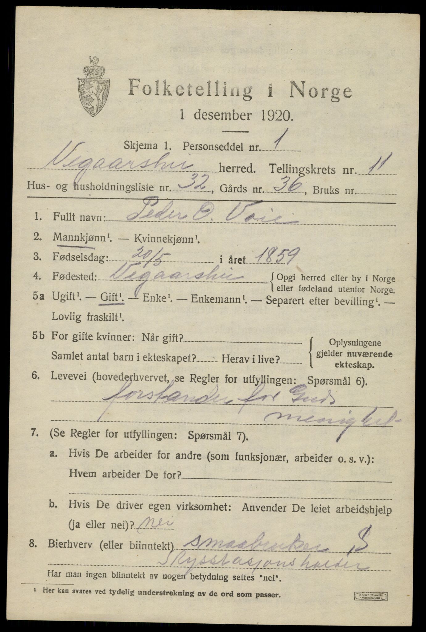 SAK, 1920 census for Vegårshei, 1920, p. 3780