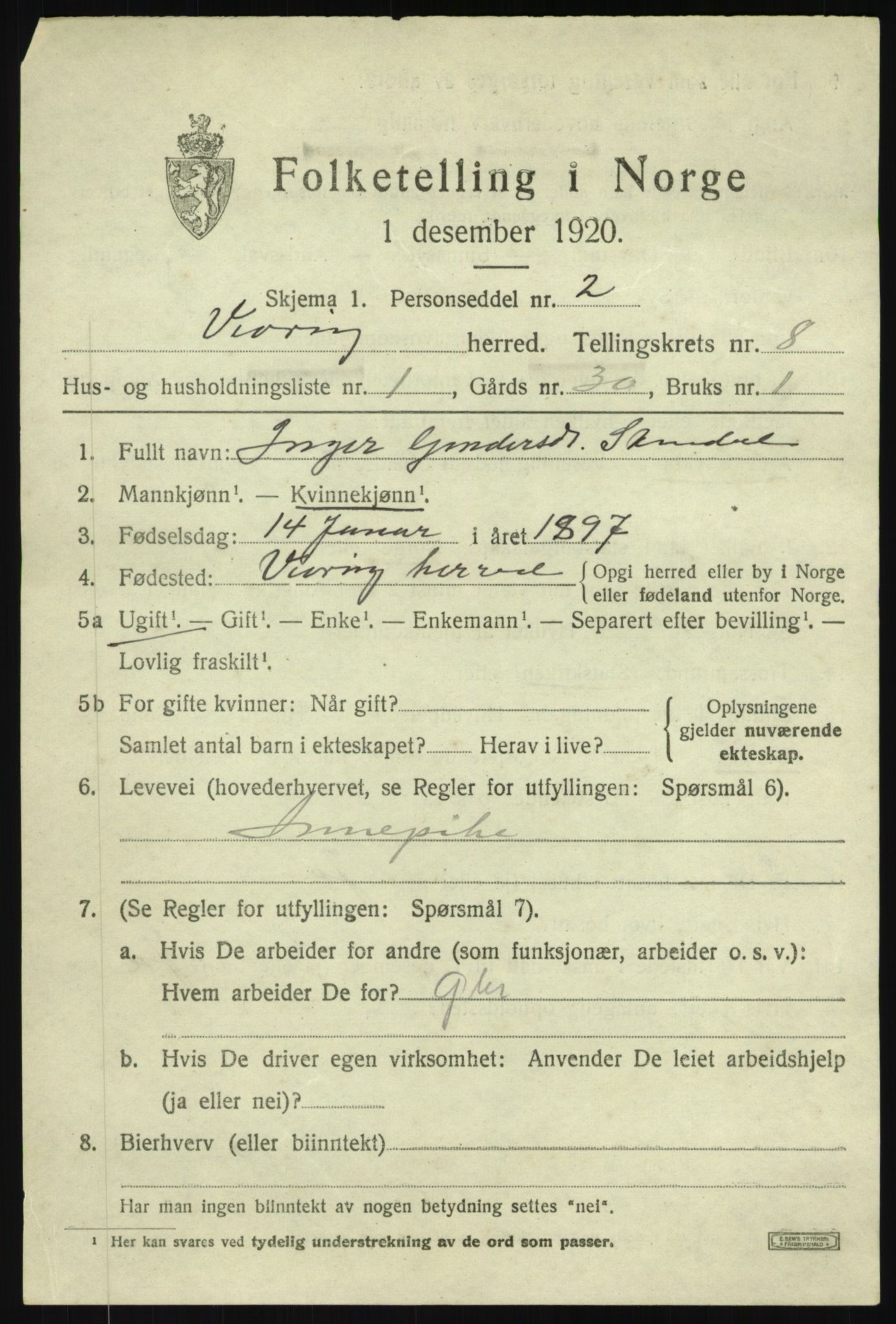SAB, 1920 census for Vevring, 1920, p. 2260