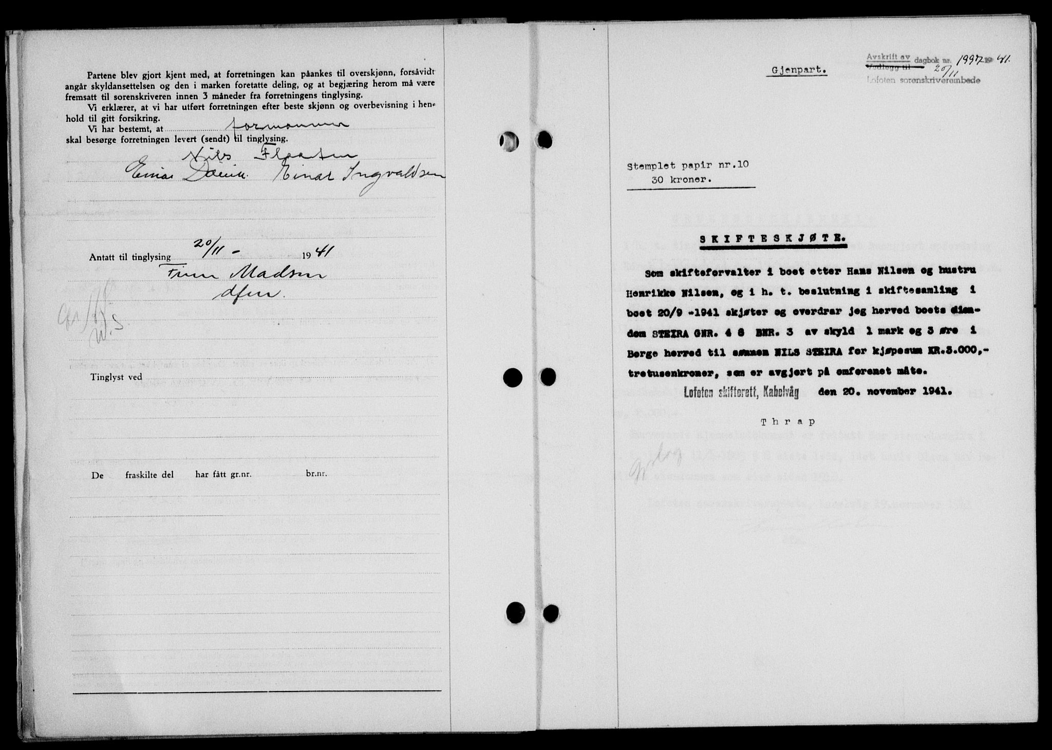 Lofoten sorenskriveri, SAT/A-0017/1/2/2C/L0009a: Mortgage book no. 9a, 1941-1942, Diary no: : 1997/1941