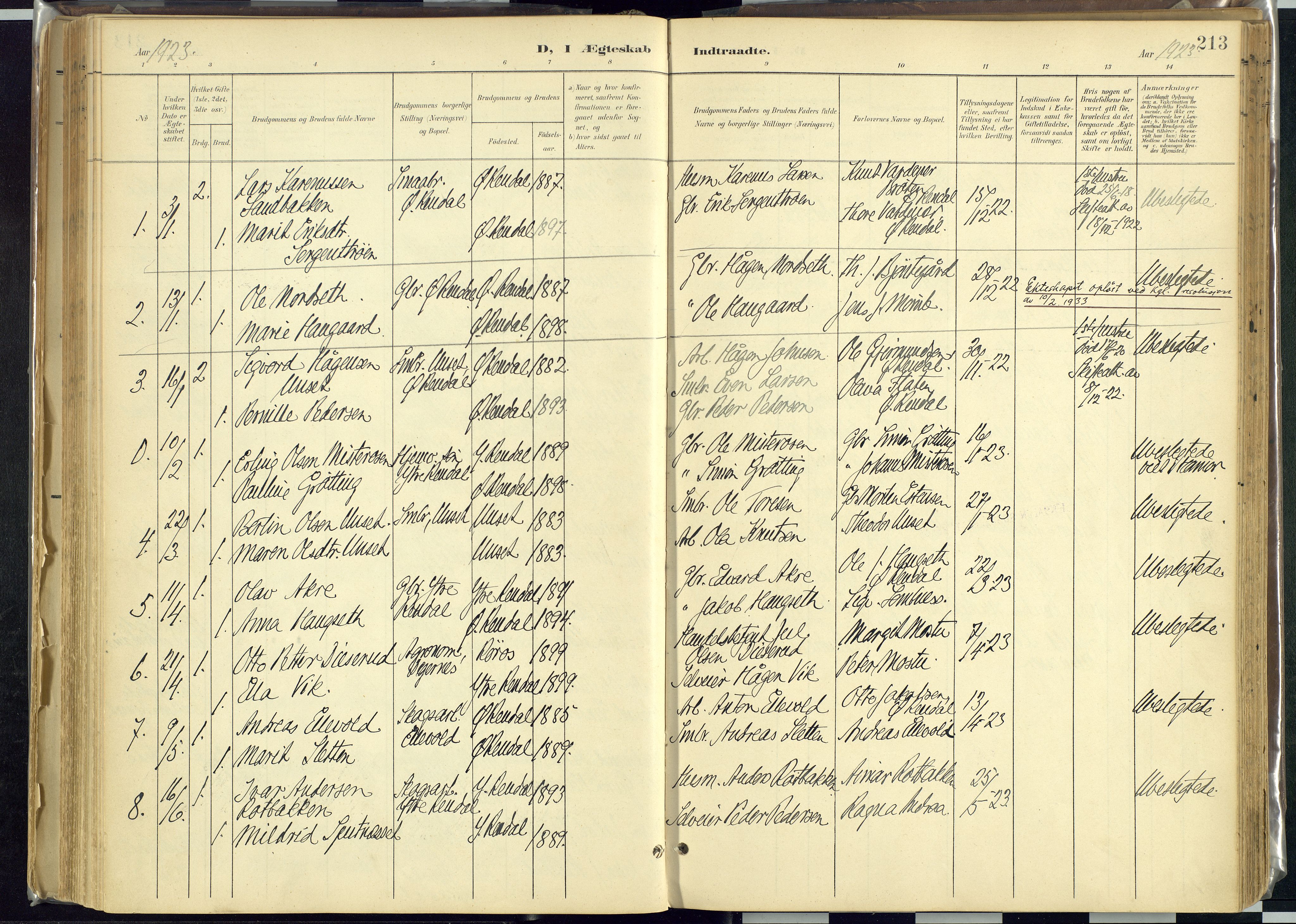 Rendalen prestekontor, SAH/PREST-054/H/Ha/Haa/L0012: Parish register (official) no. 12, 1901-1928, p. 213
