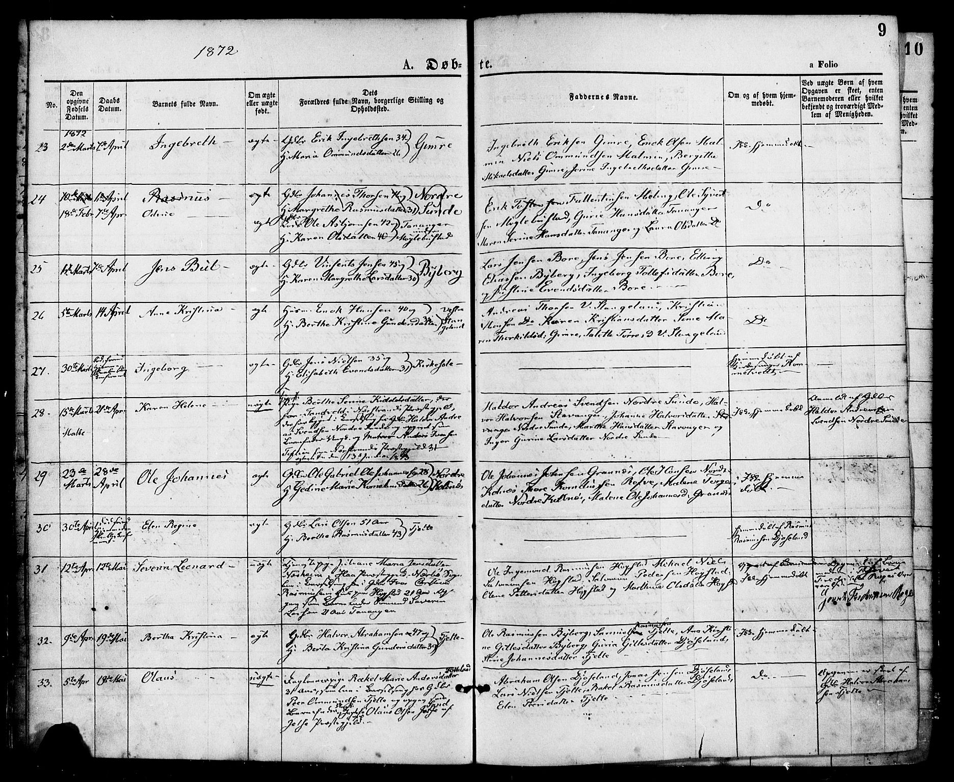 Håland sokneprestkontor, AV/SAST-A-101802/001/30BA/L0009: Parish register (official) no. A 8, 1871-1882, p. 9