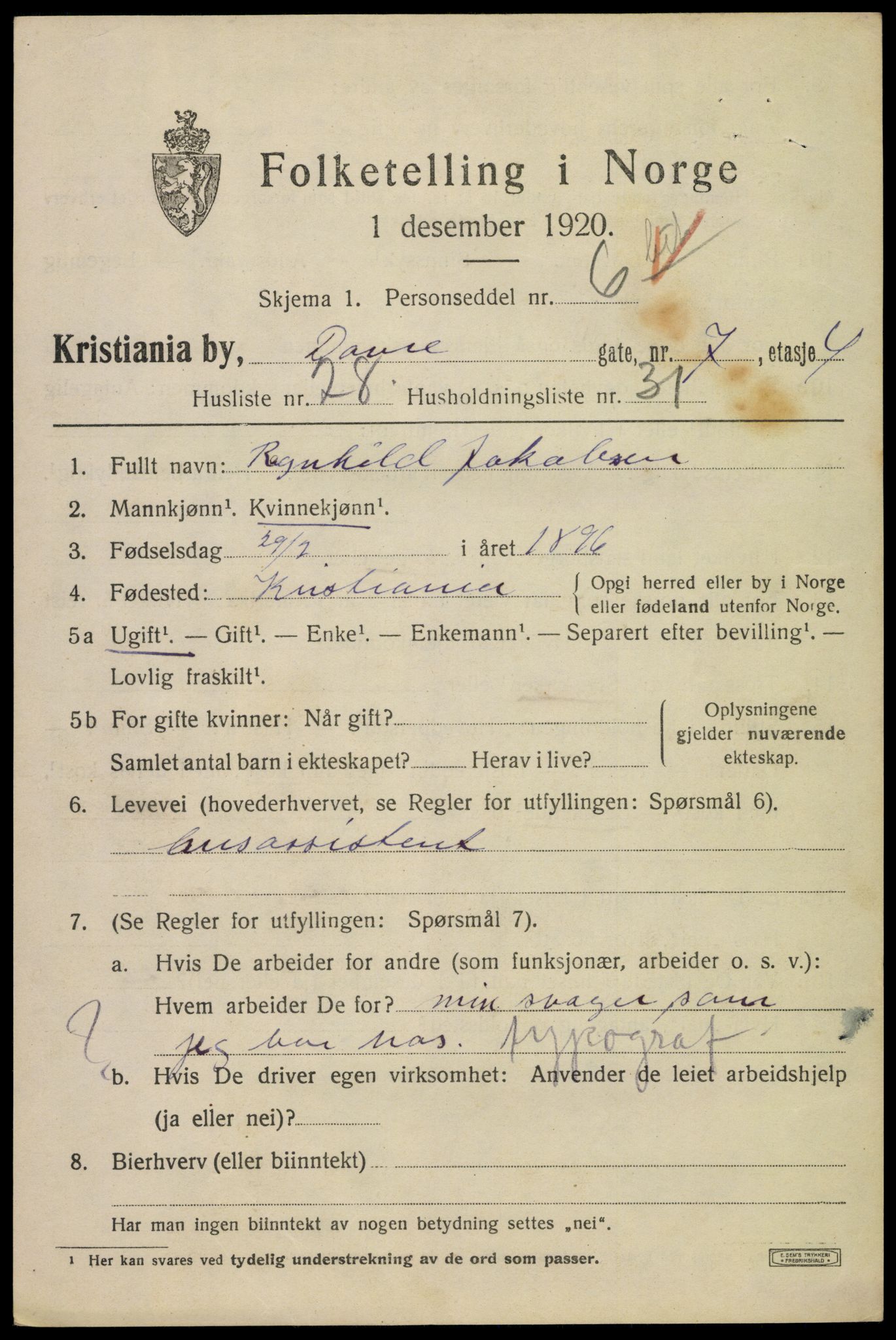 SAO, 1920 census for Kristiania, 1920, p. 200577