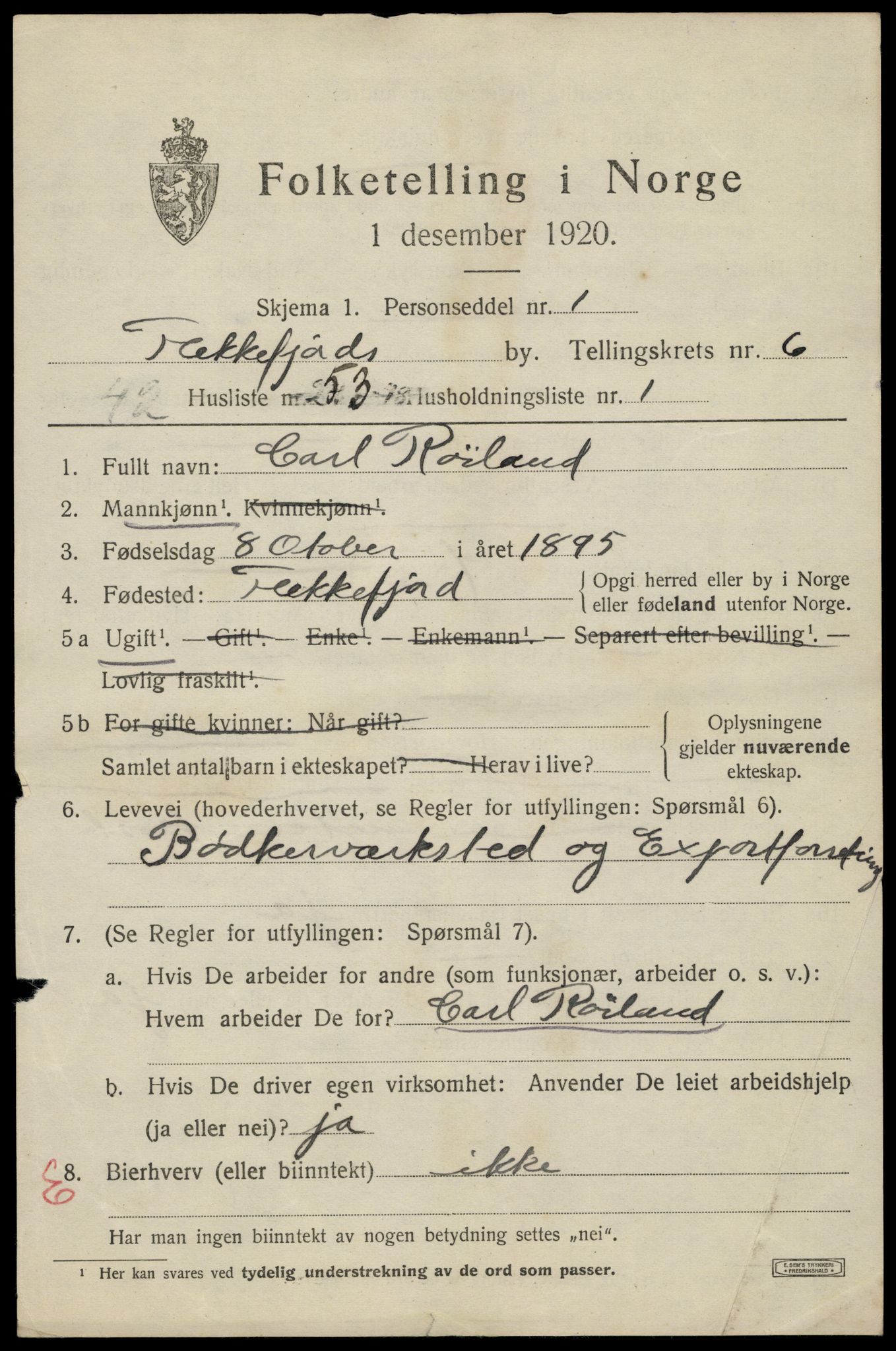 SAK, 1920 census for Flekkefjord, 1920, p. 6402