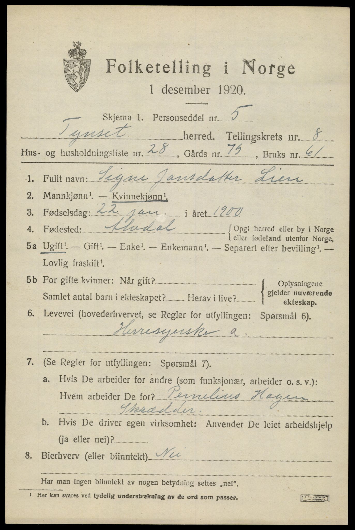 SAH, 1920 census for Tynset, 1920, p. 6902